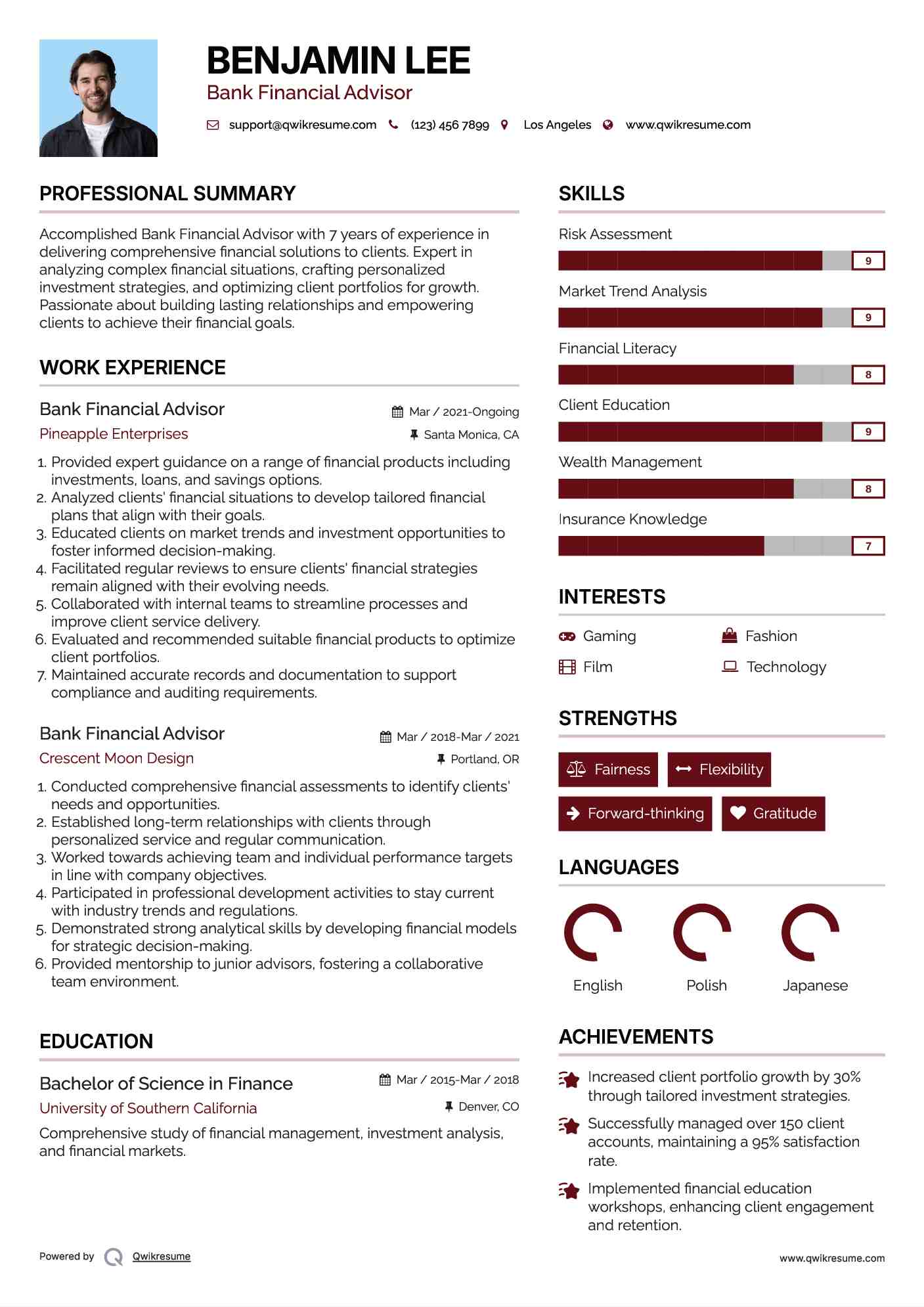Bank Financial Advisor Resume Example