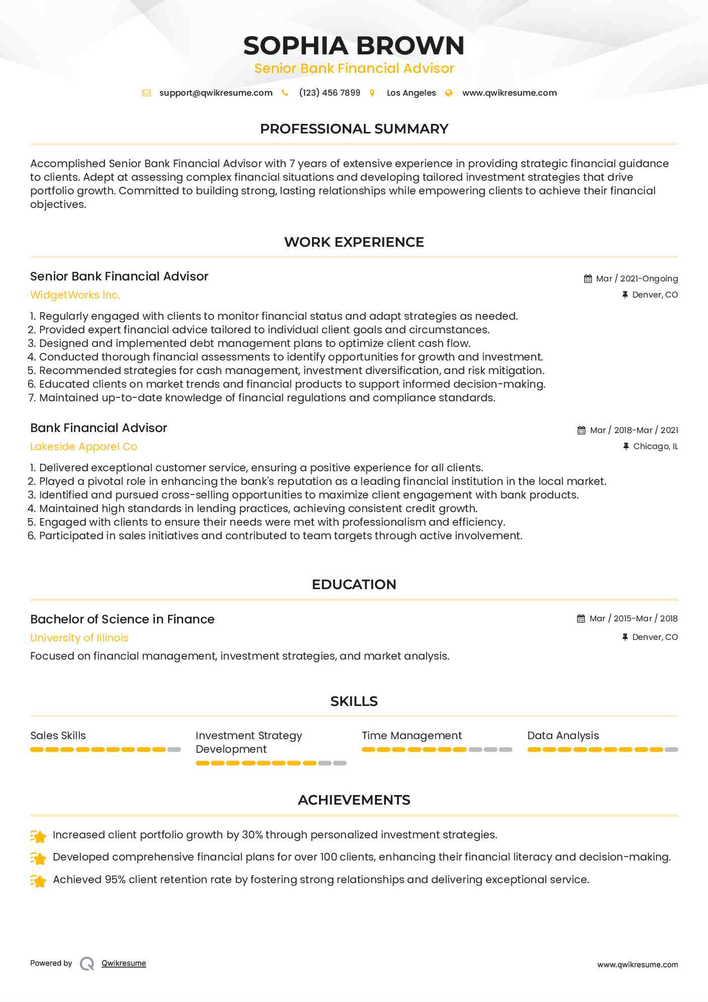 Senior Bank Financial Advisor Resume Model