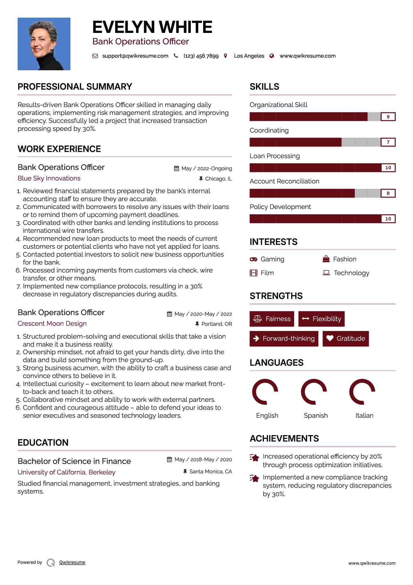 Bank Operations Officer Resume Format