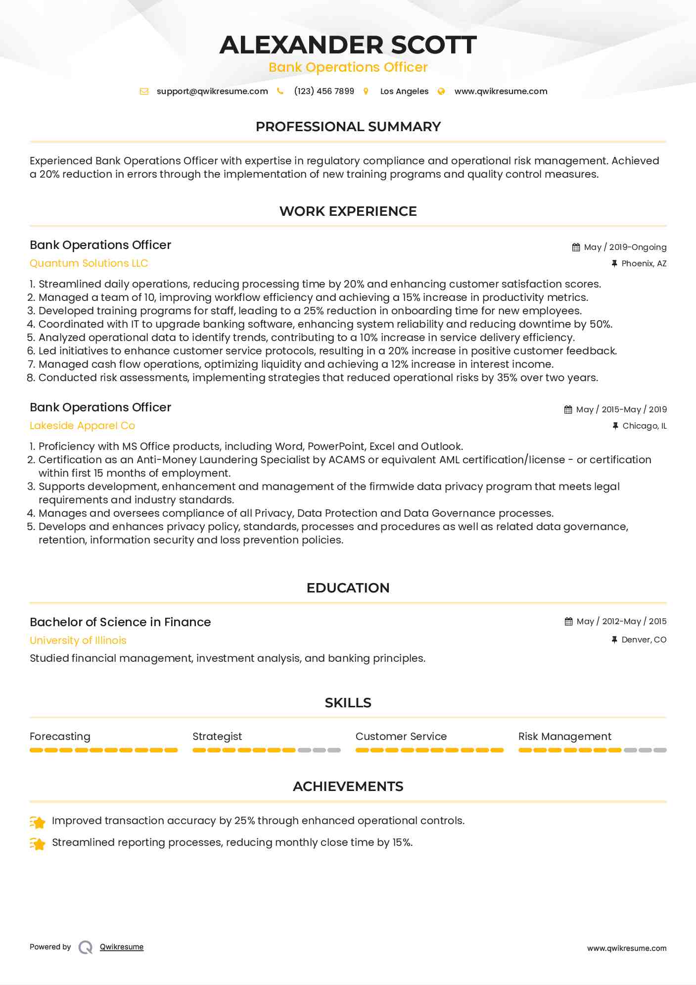 Bank Operations Officer Resume Example