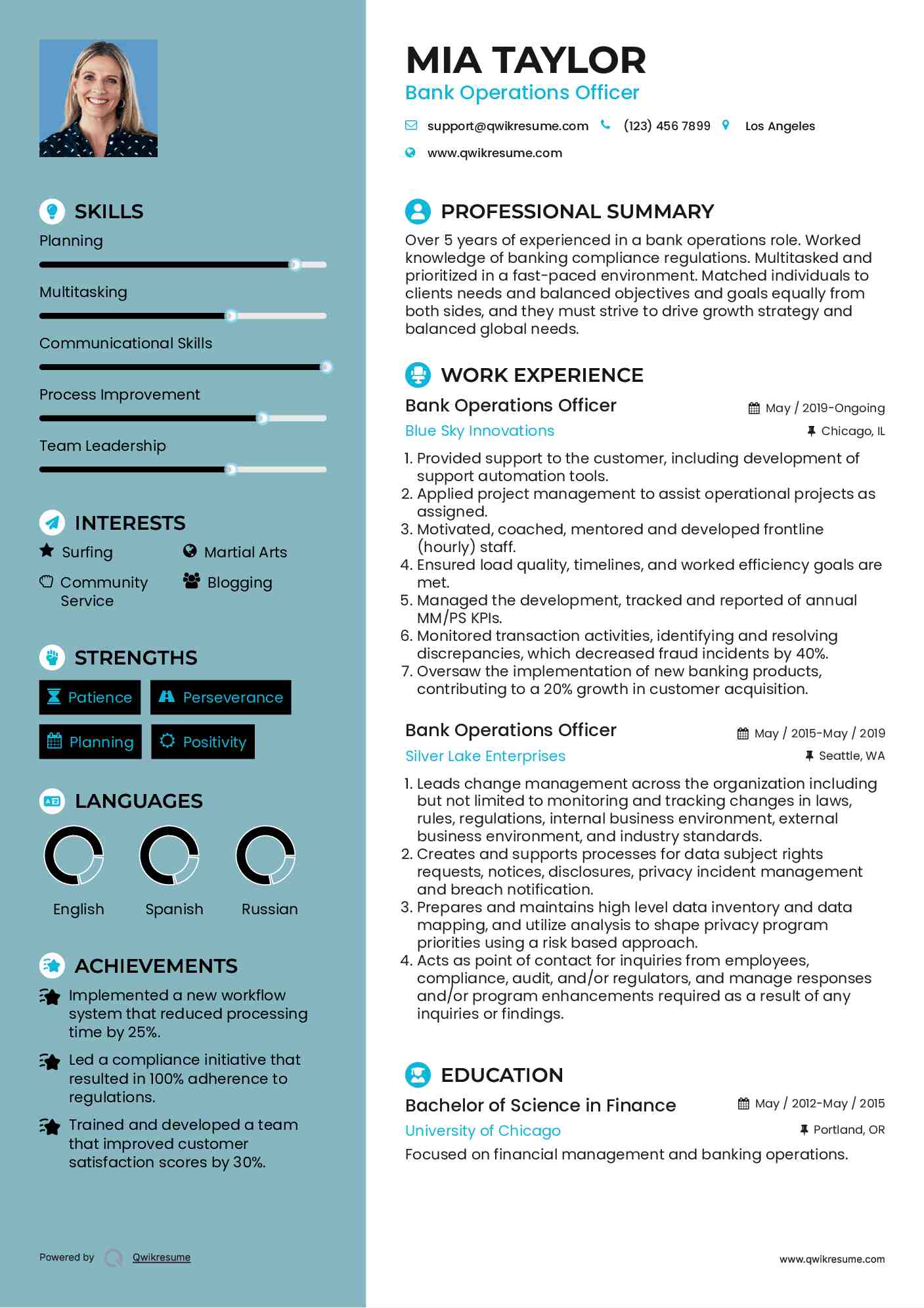 Bank Operations Officer Resume Sample