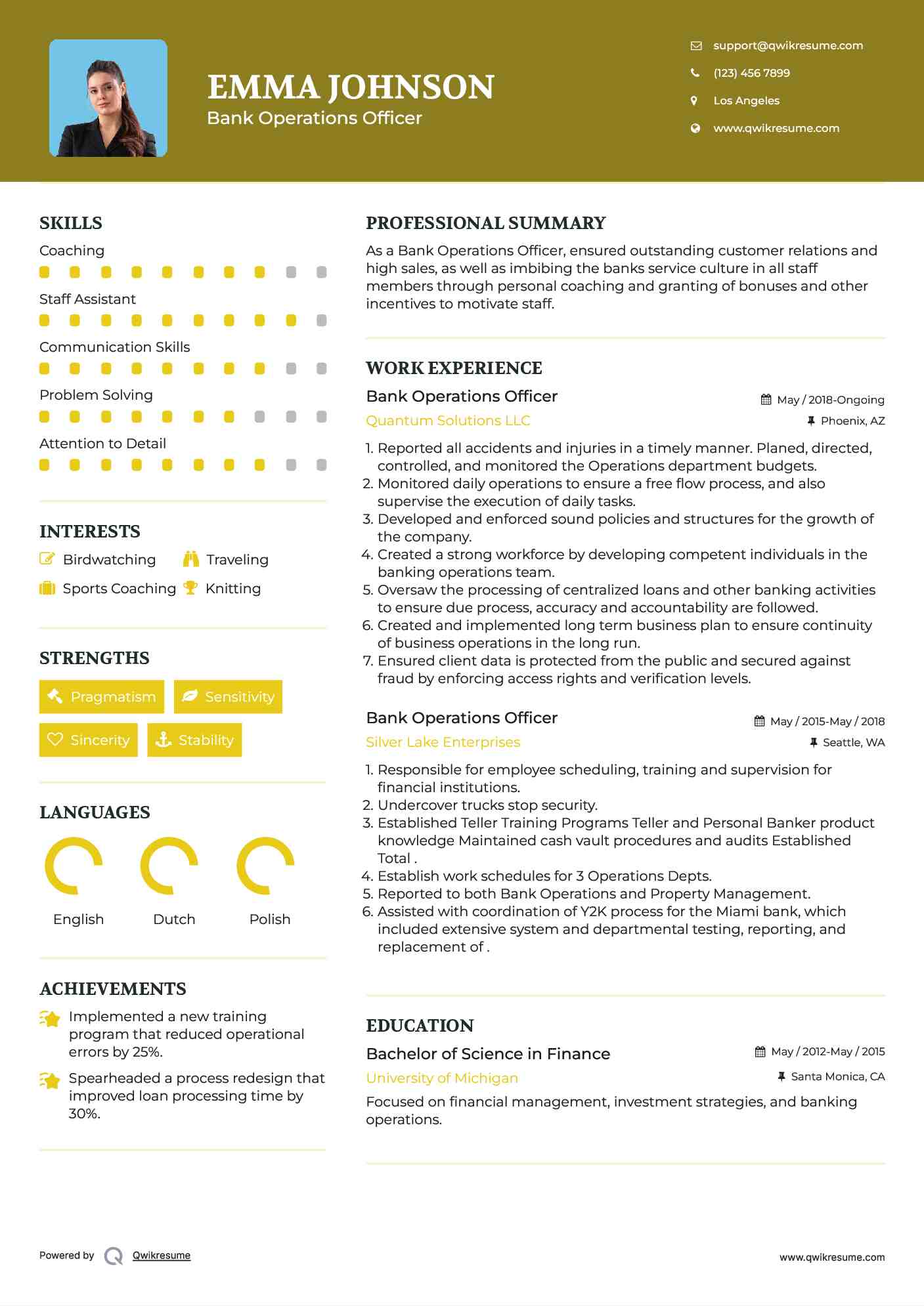 Bank Operations Officer Resume Sample