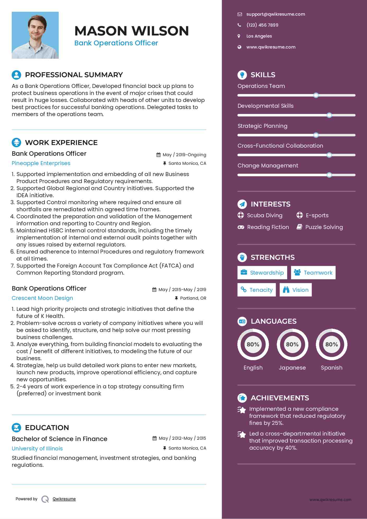 Bank Operations Officer Resume Example