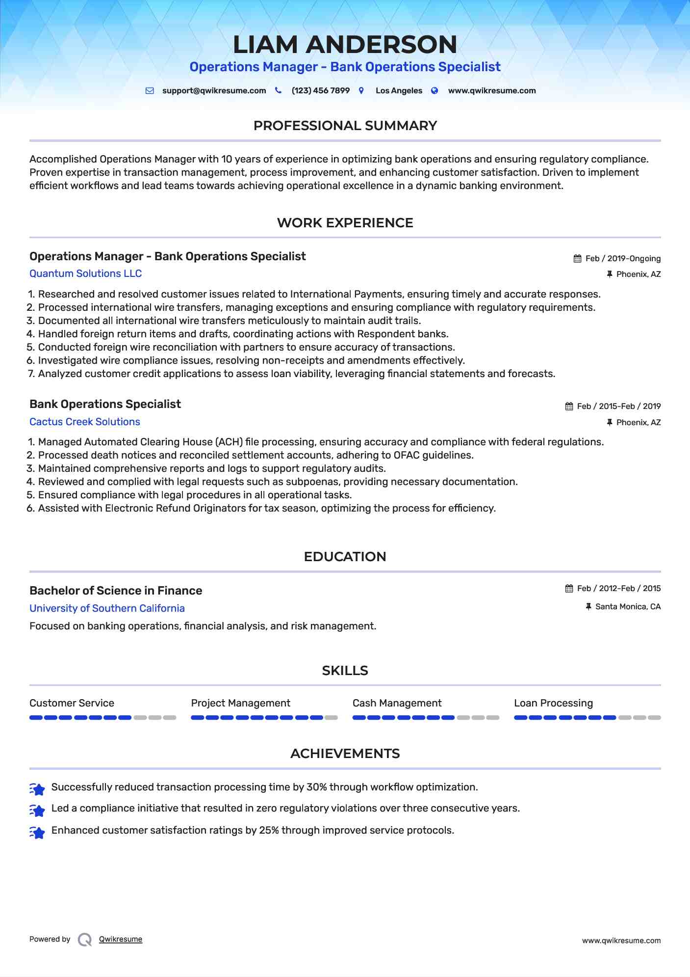 Operations Manager - Bank Operations Specialist Resume Format
