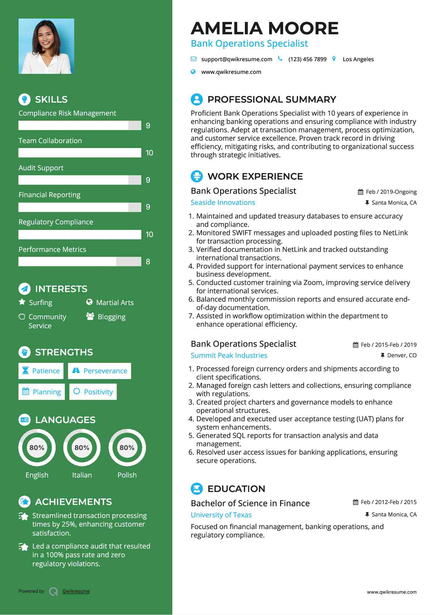 Bank Operations Specialist Resume Template