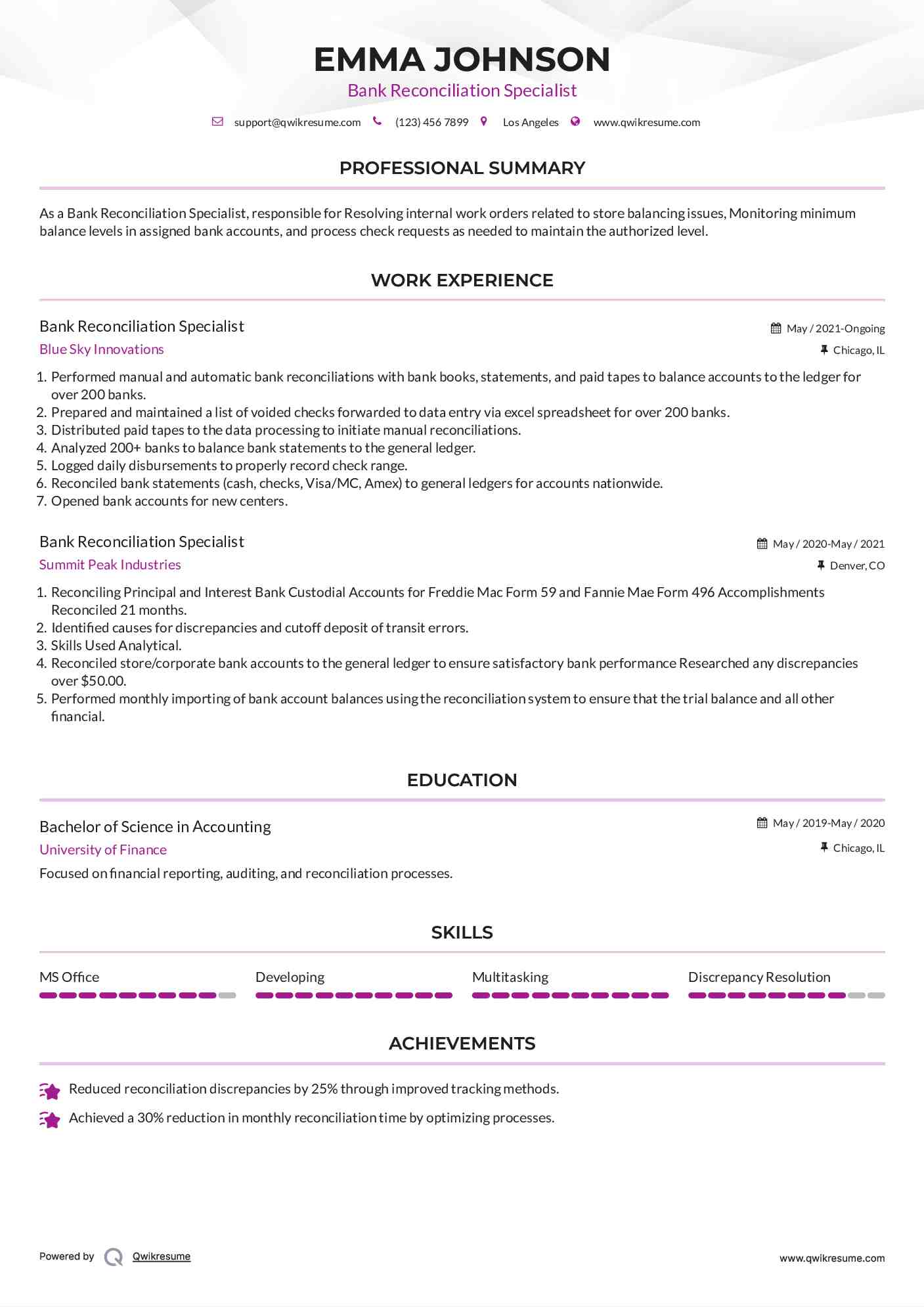 Bank Reconciliation Specialist Resume Sample