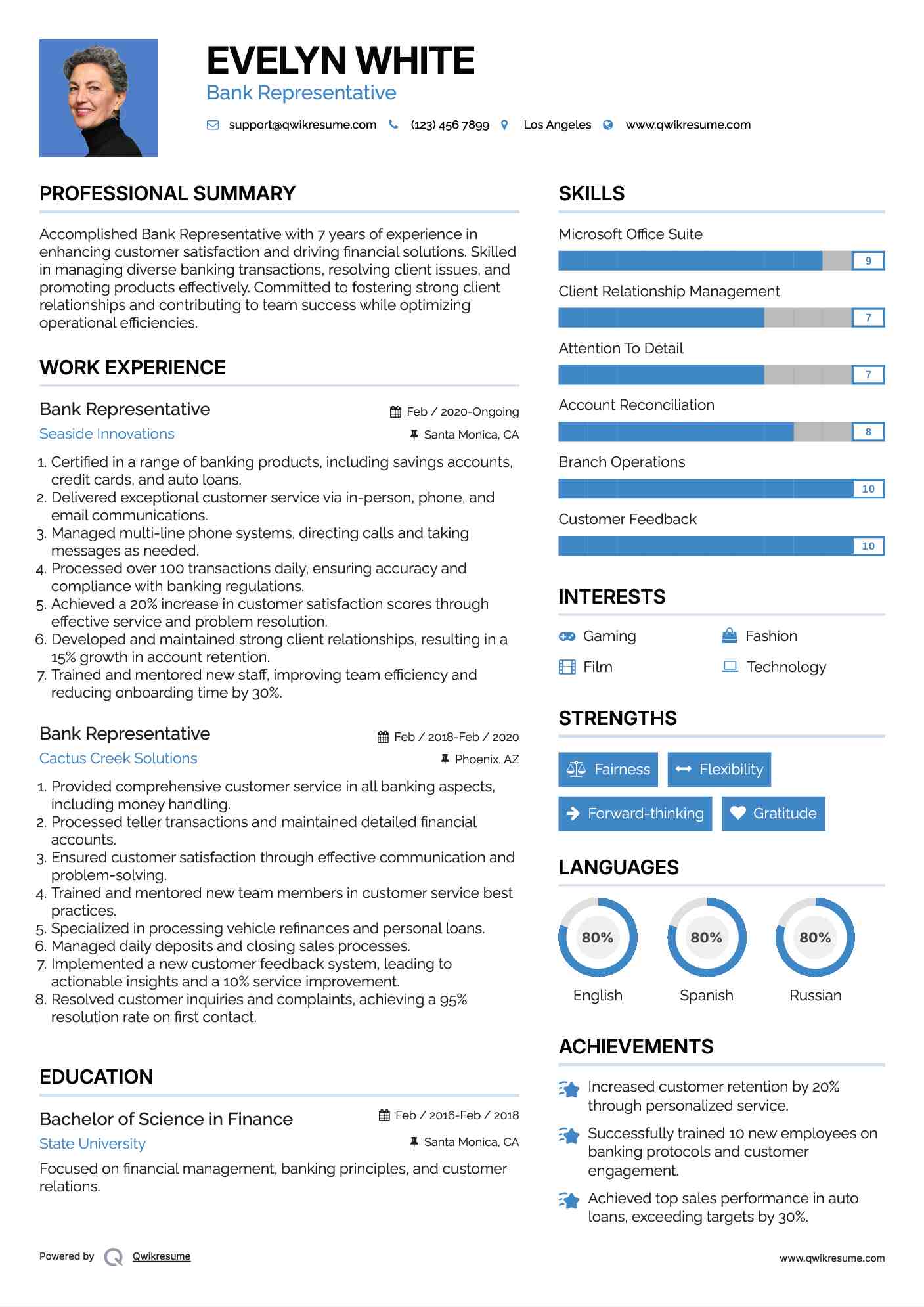 Bank Representative Resume Sample