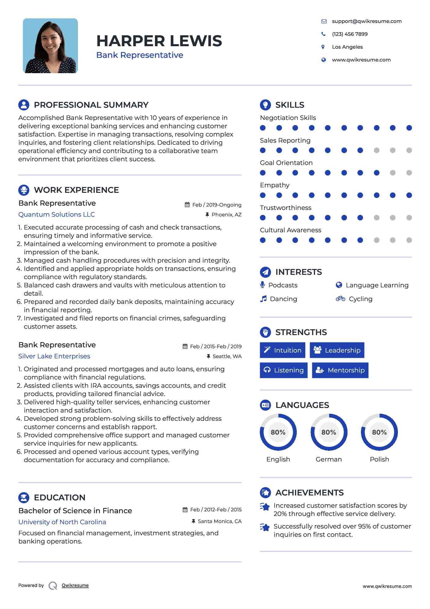 Bank Representative Resume Format