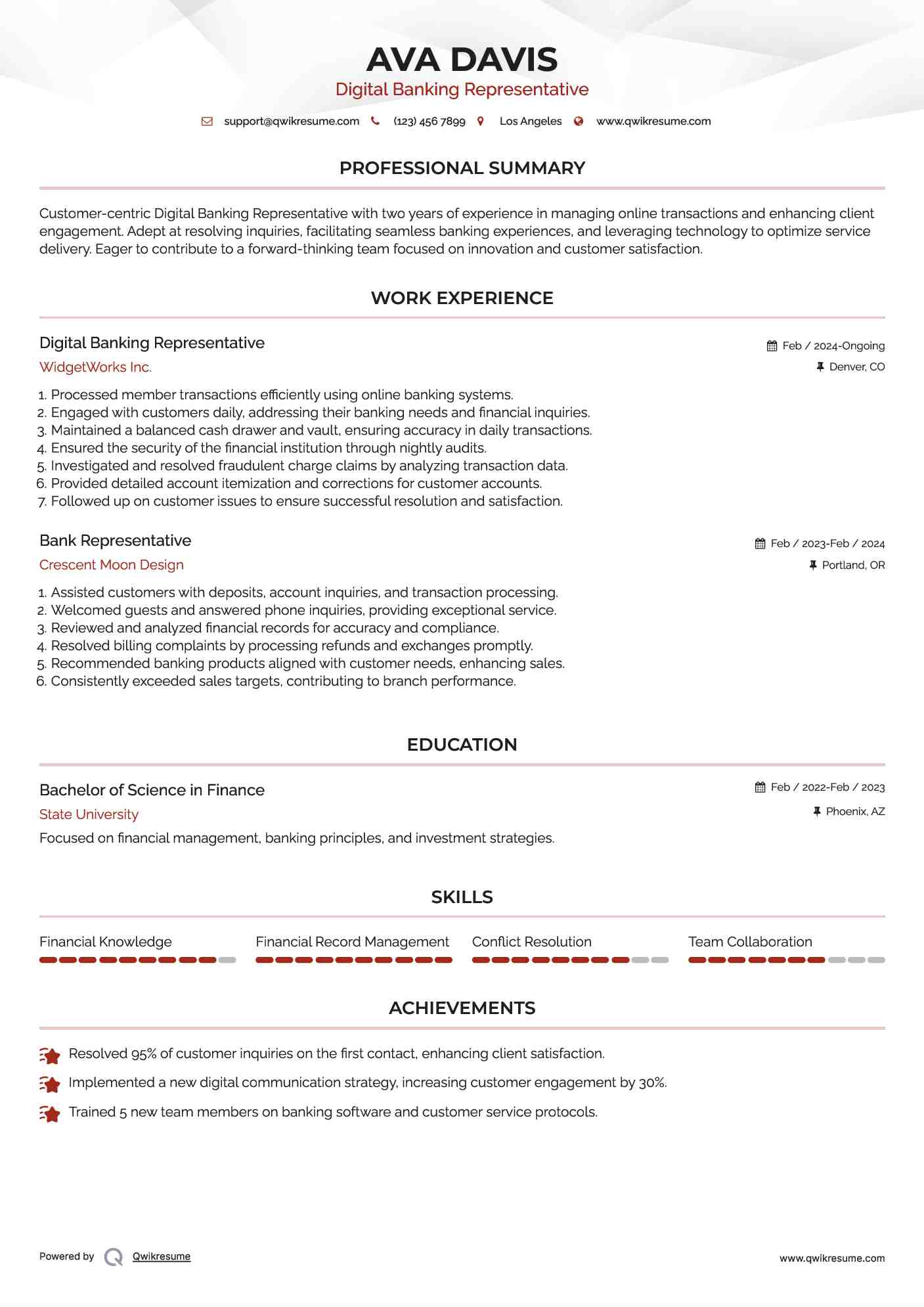 Digital Banking Representative Resume Model