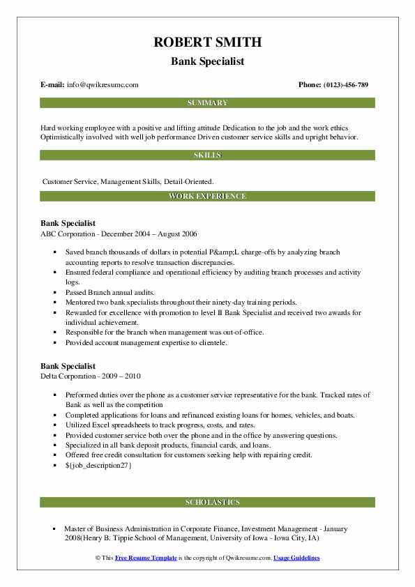 Bank Specialist Resume Samples | QwikResume