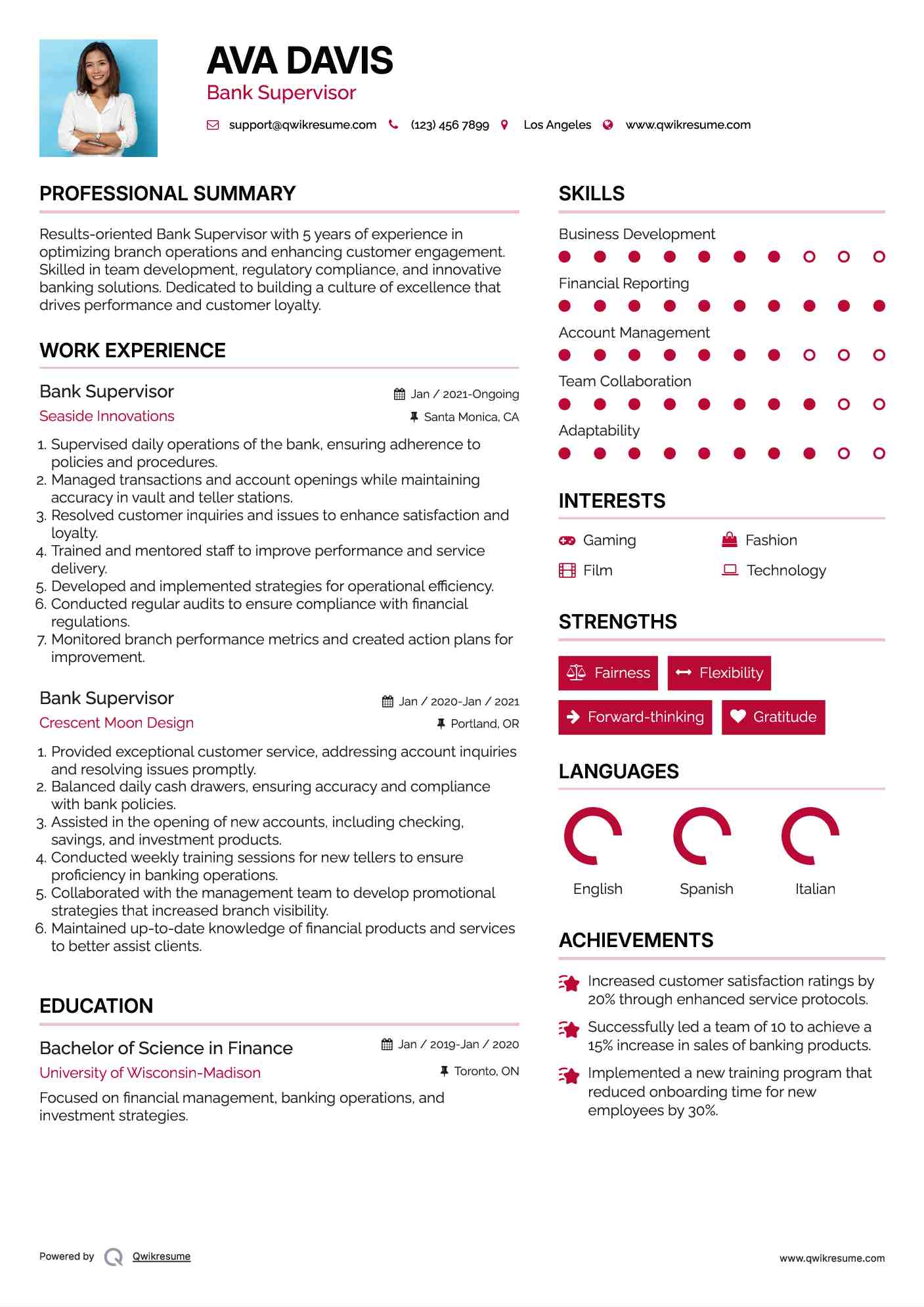 Bank Supervisor Resume Model