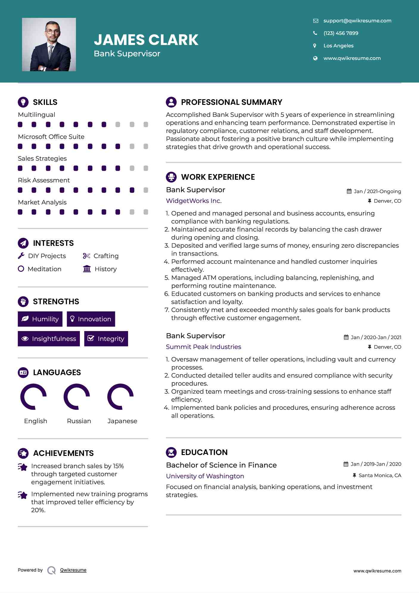 Bank Supervisor Resume Model