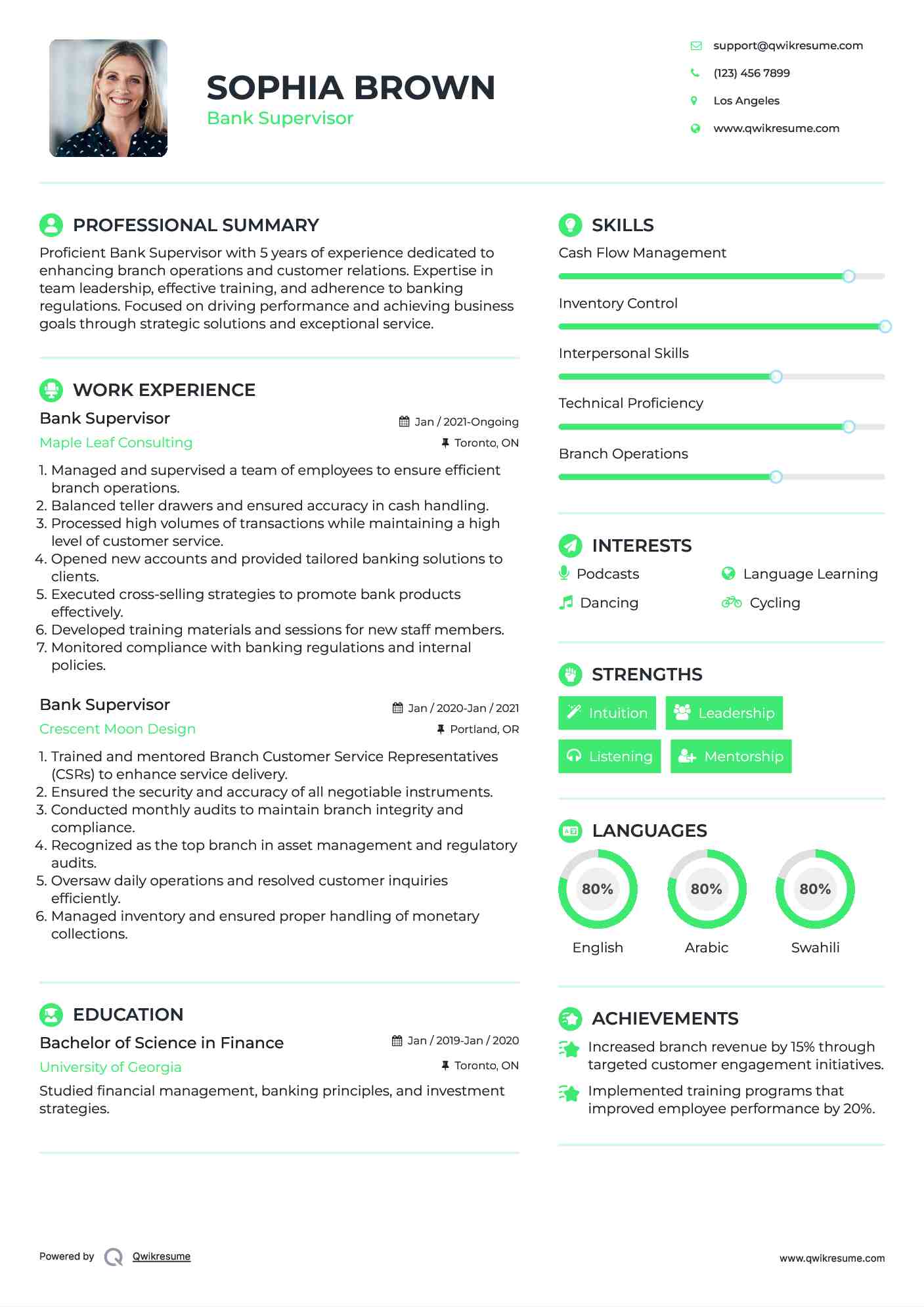 Bank Supervisor Resume Template
