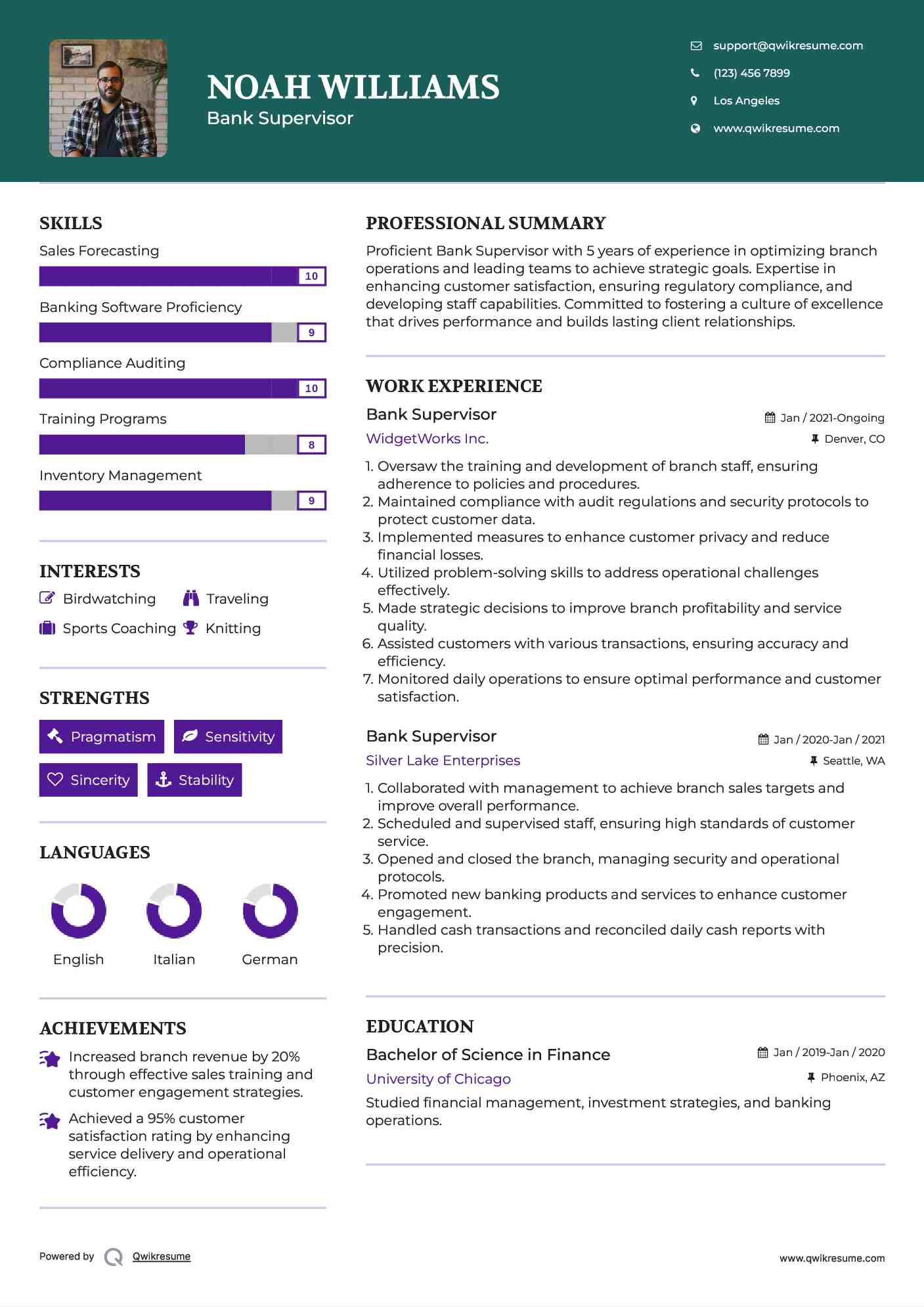 Bank Supervisor Resume Example