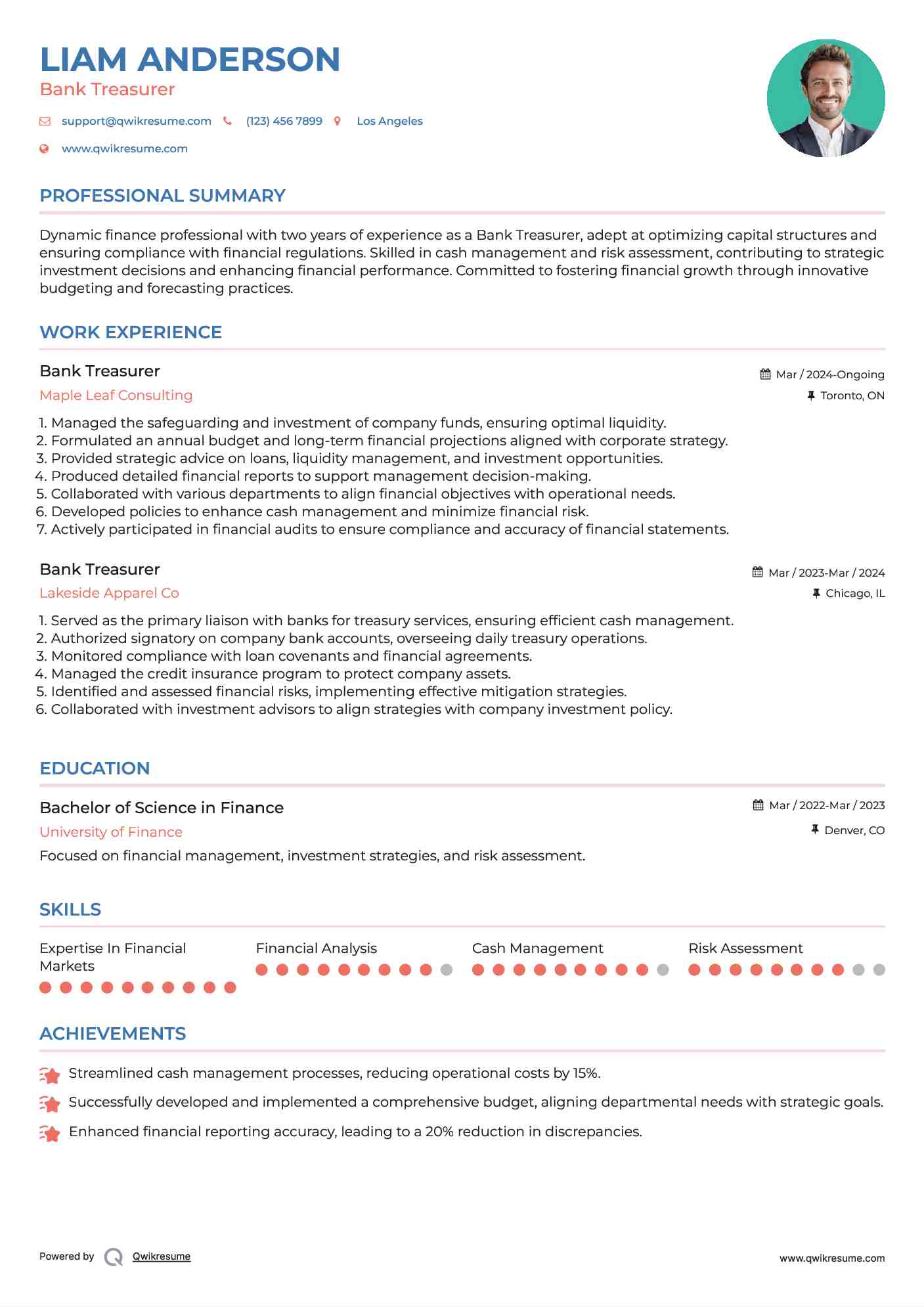 Bank Treasurer Resume Sample