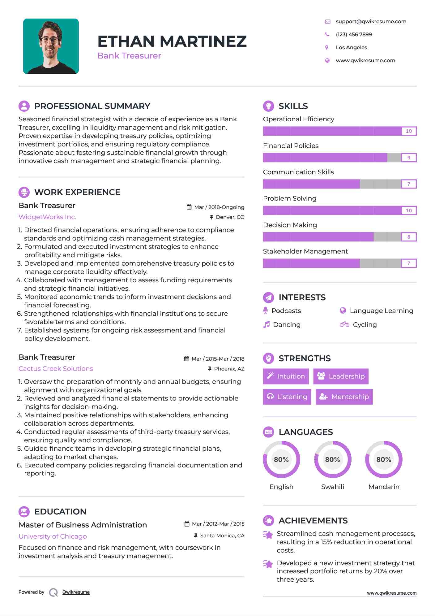 Bank Treasurer Resume Sample