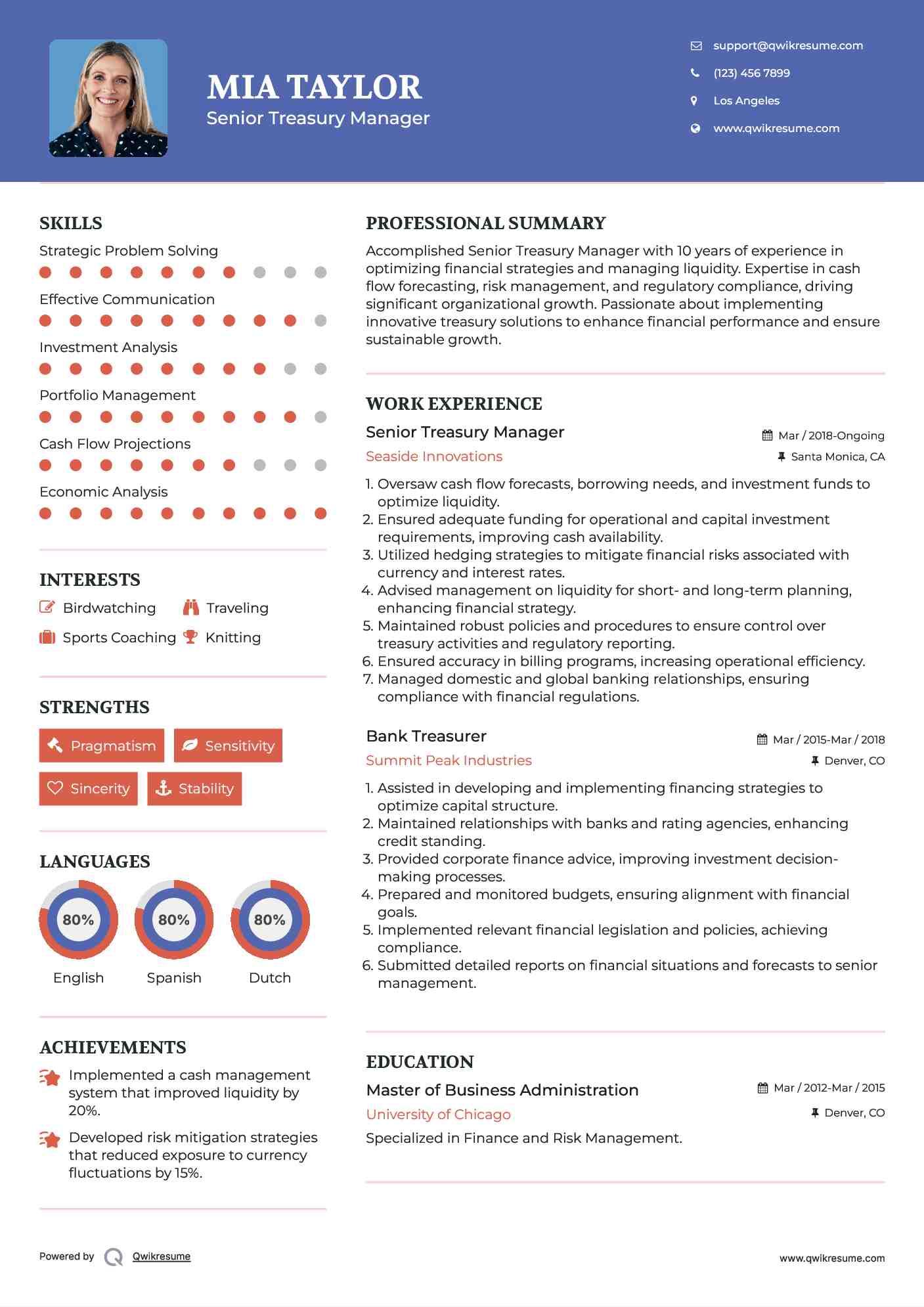 Senior Treasury Manager Resume Format