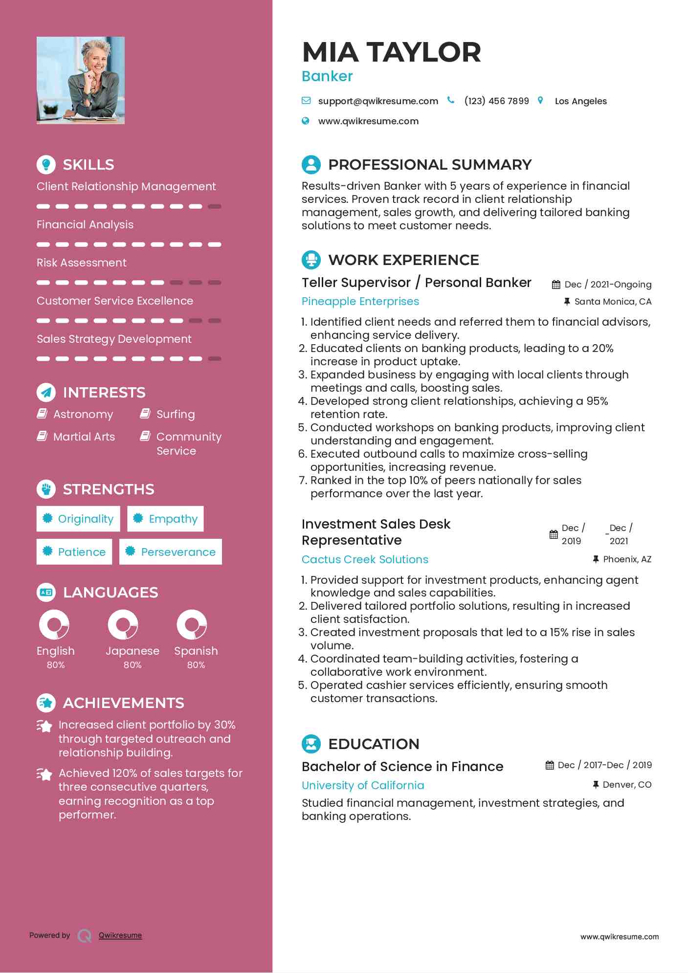 Teller Supervisor / Personal Banker Resume Model