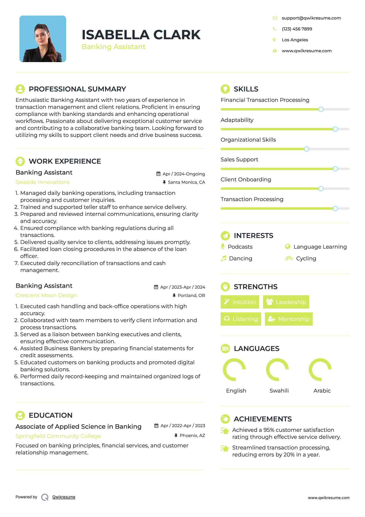 Banking Assistant Resume Example