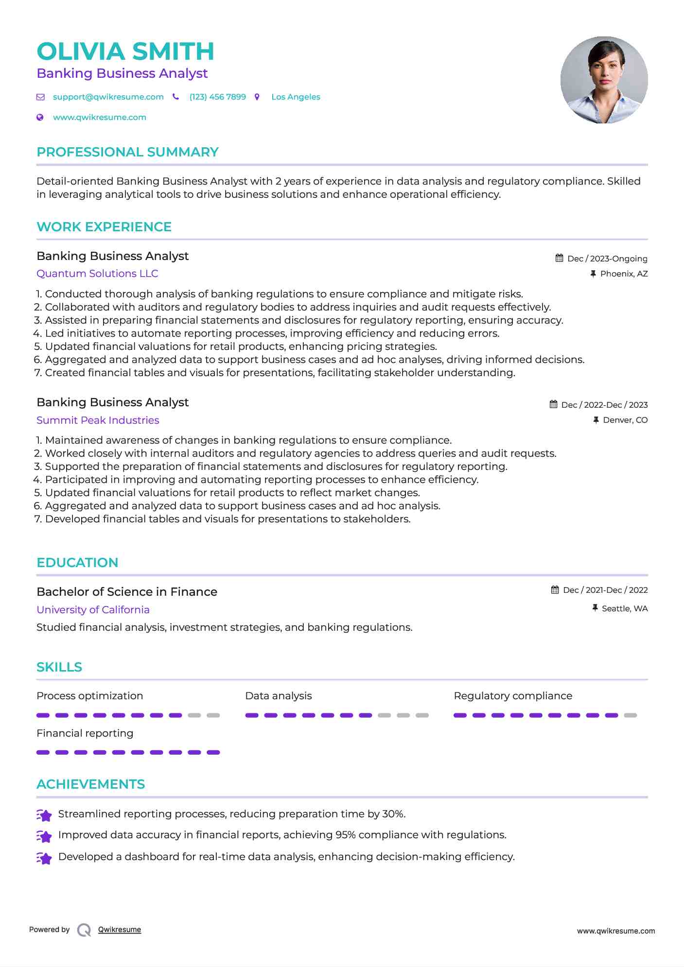 Banking Business Analyst Resume Example