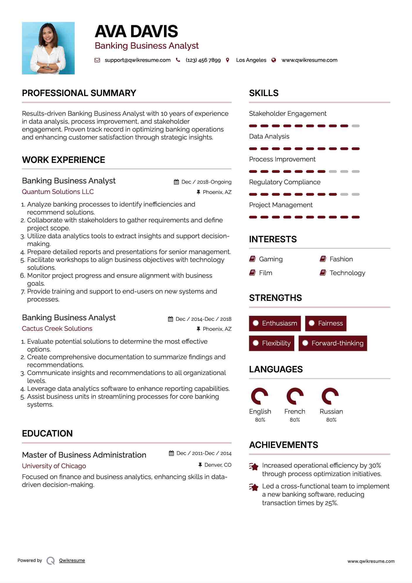 Banking Business Analyst Resume Template