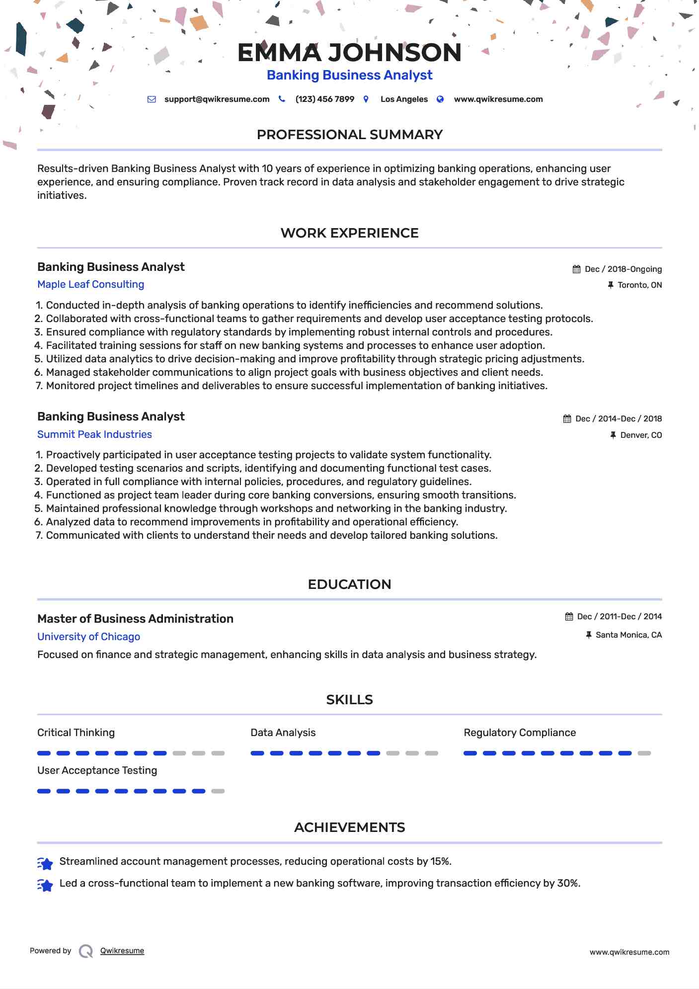 Banking Business Analyst Resume Example