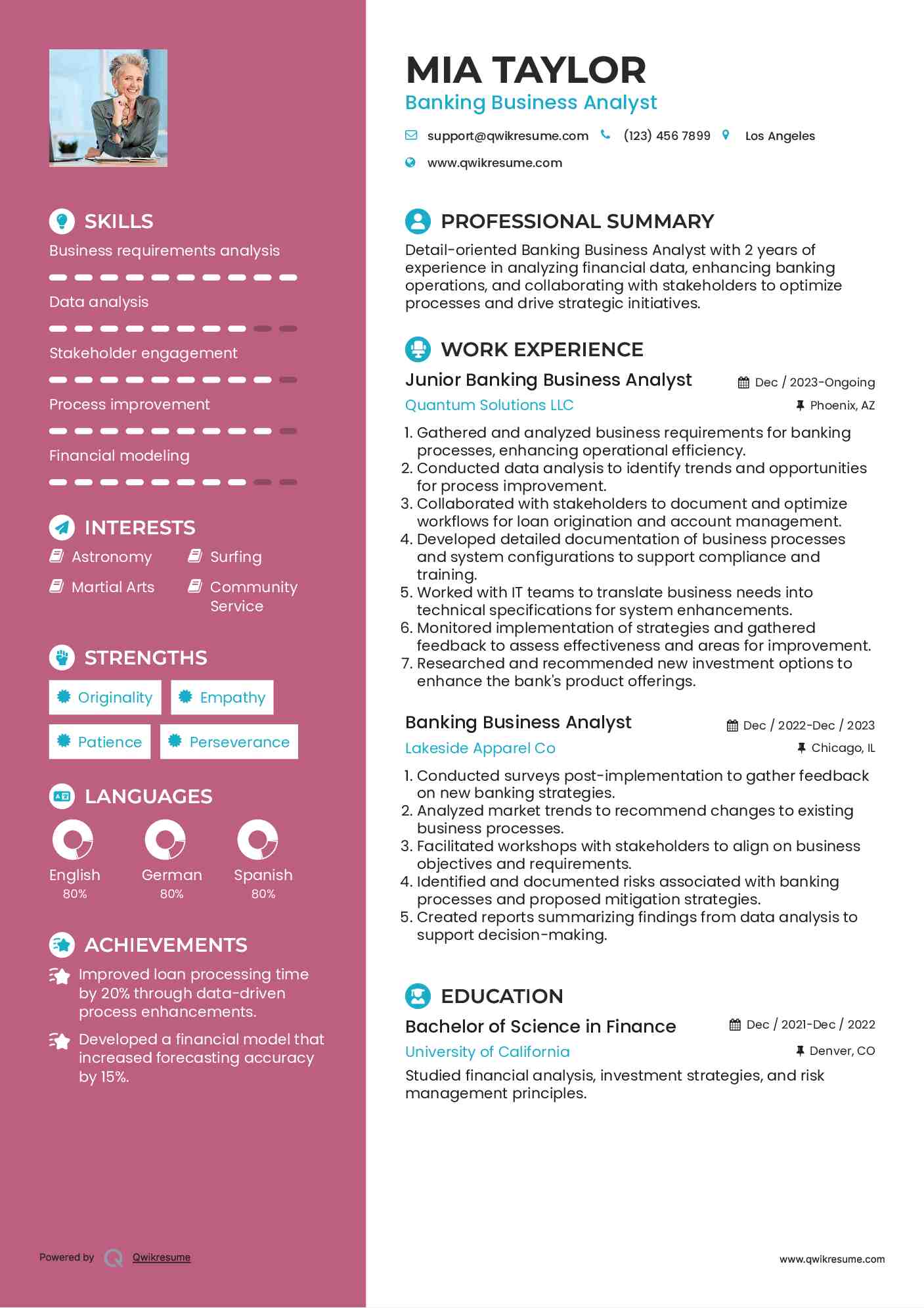 Junior Banking Business Analyst Resume Template