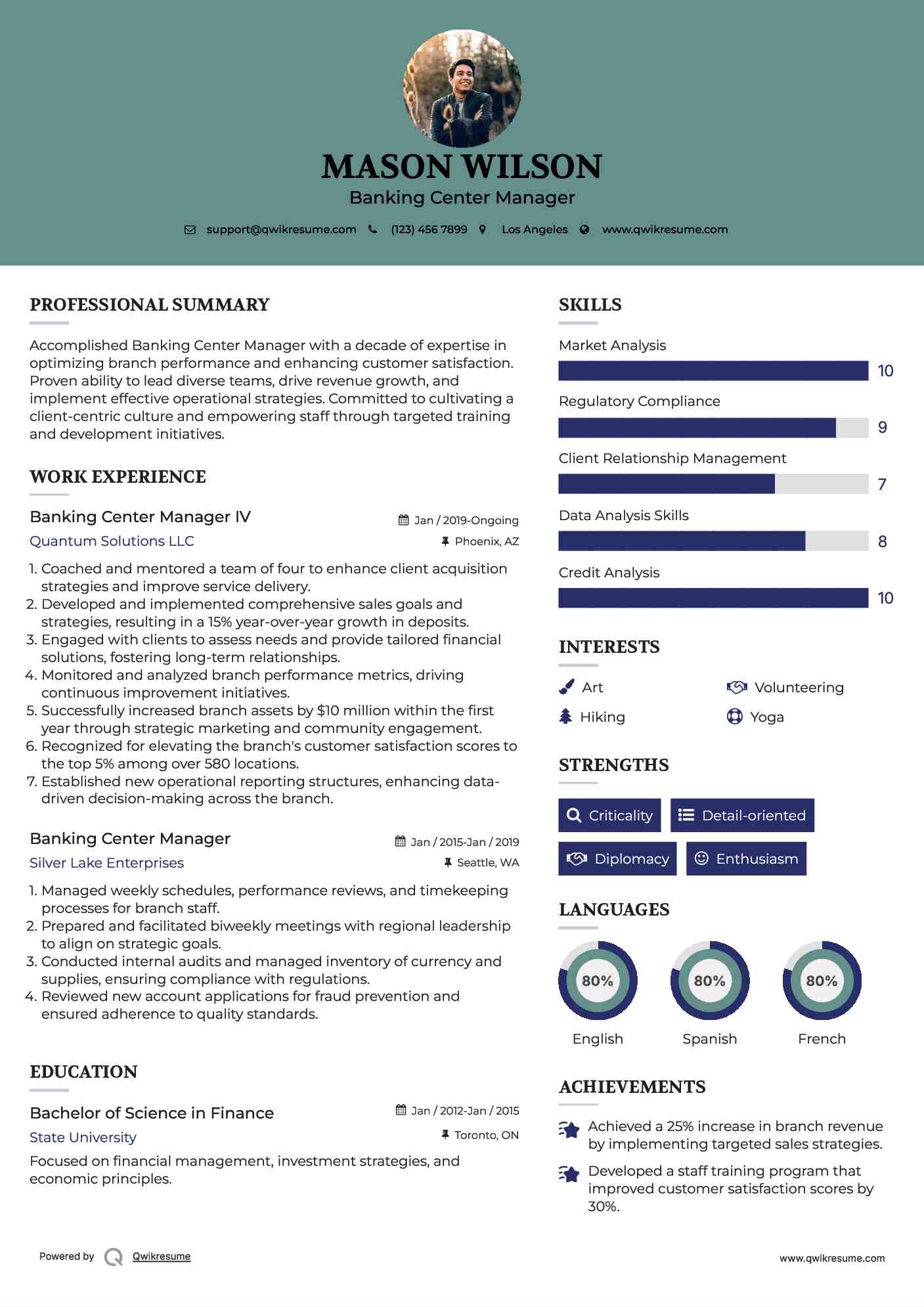 Banking Center Manager IV Resume Sample