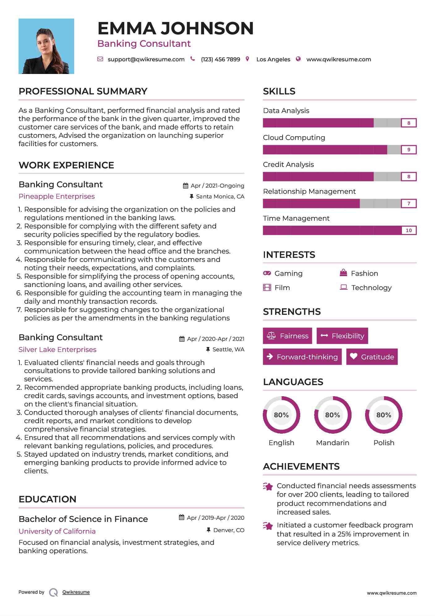 Banking Consultant Resume Example