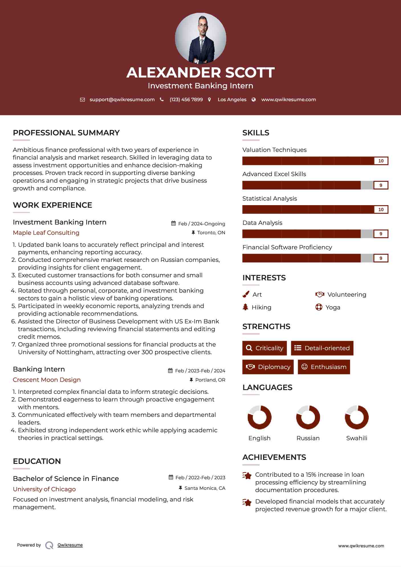 Investment Banking Intern Resume Model