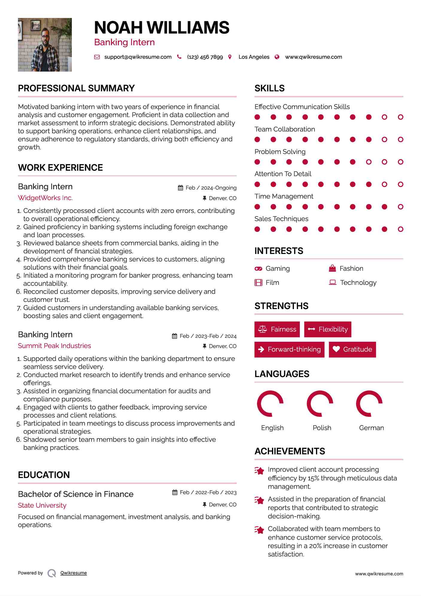 Banking Intern Resume Sample