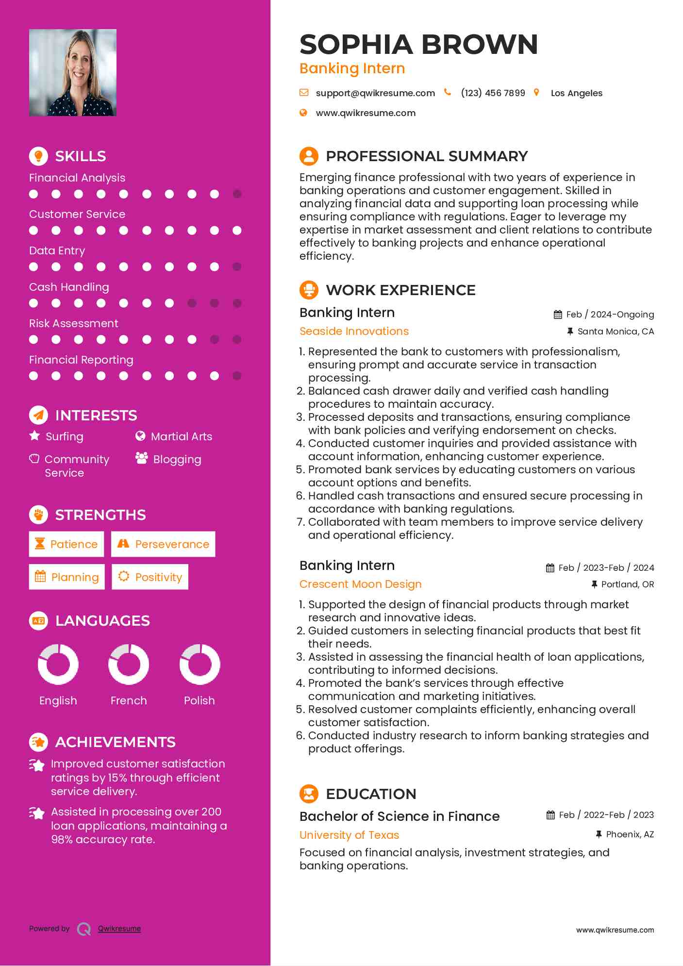 Banking Intern Resume Sample