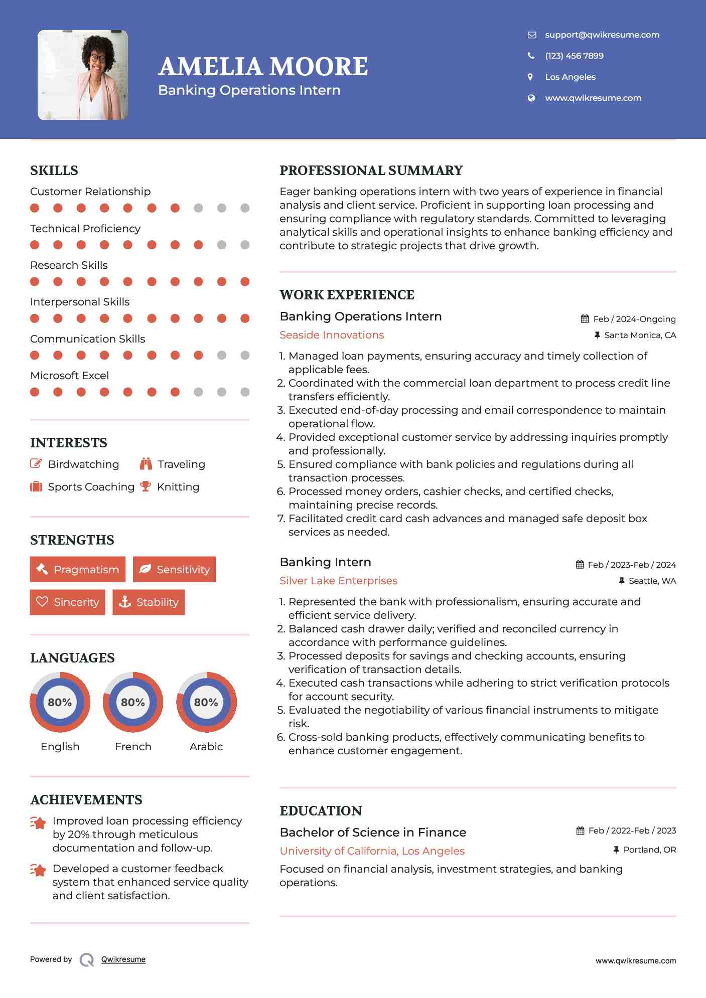 Banking Operations Intern Resume Model