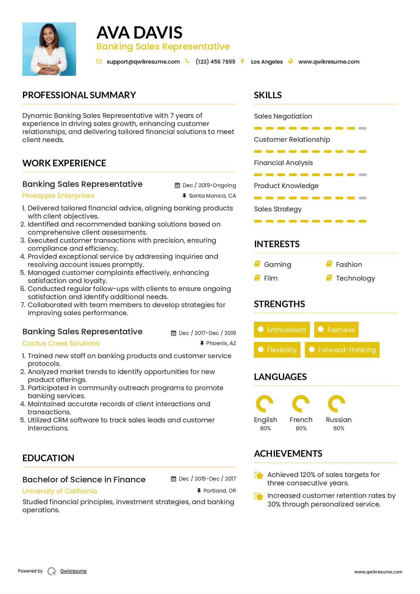 Banking Sales Representative Resume Model