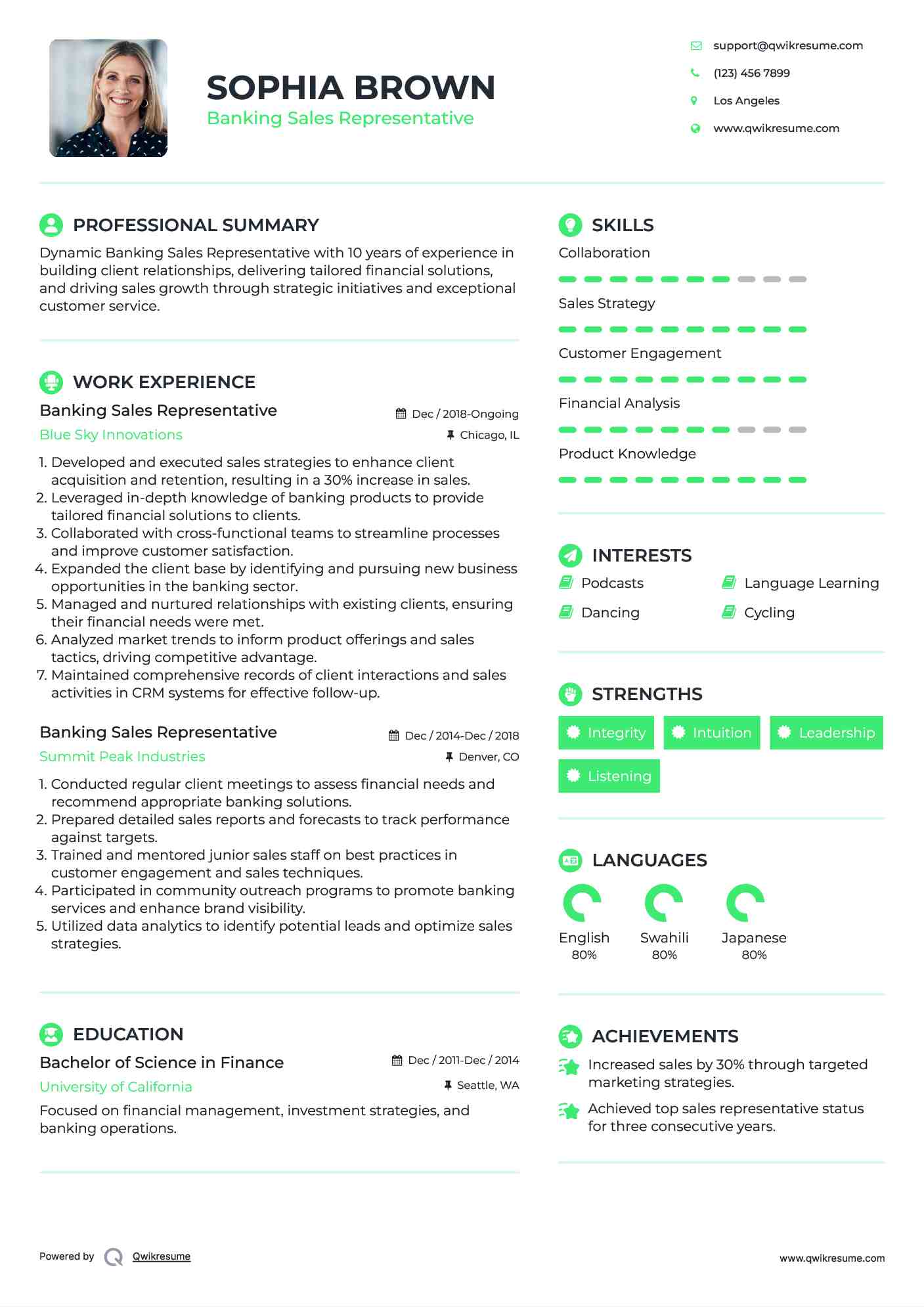 Banking Sales Representative Resume Example