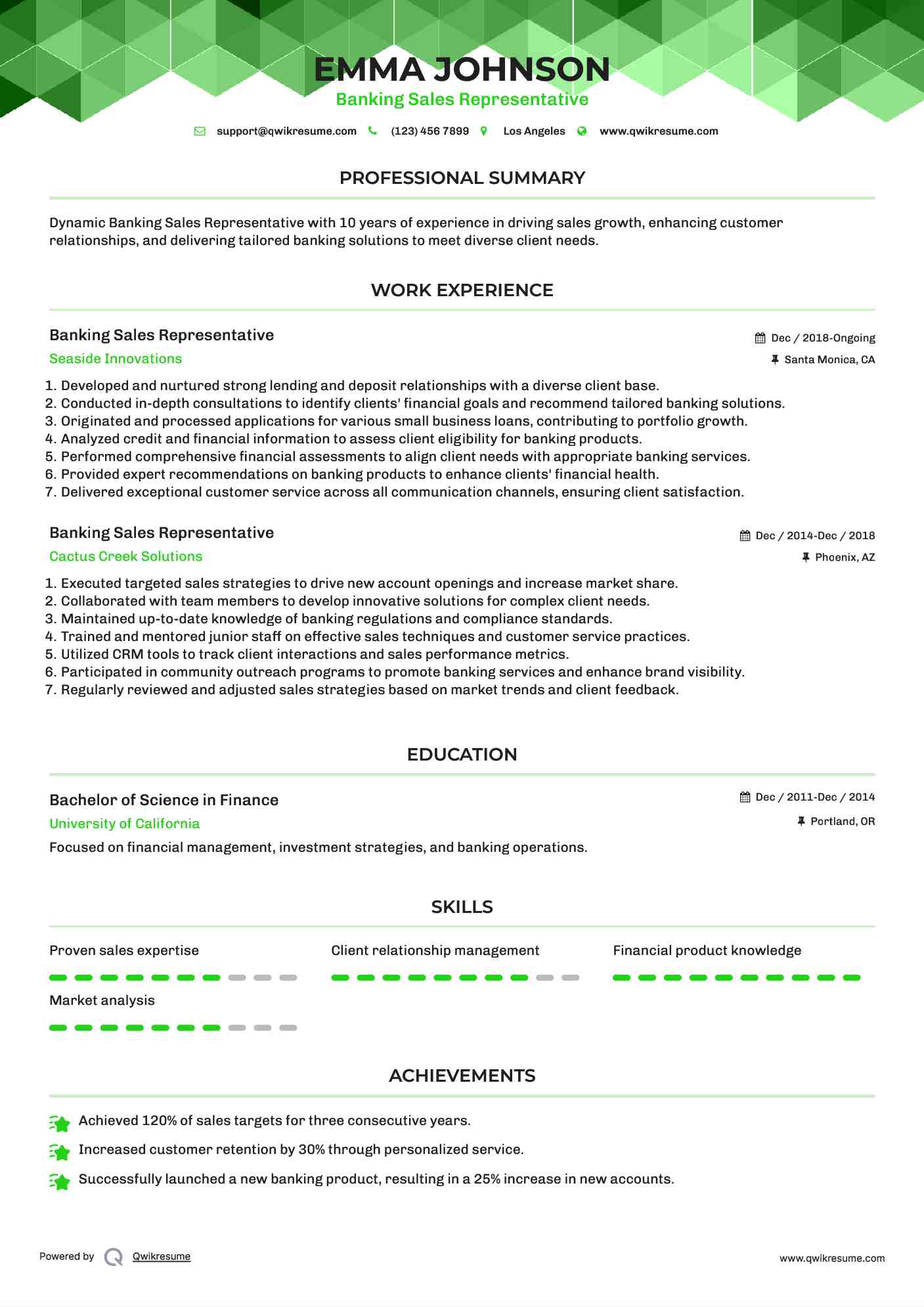 Banking Sales Representative Resume Template