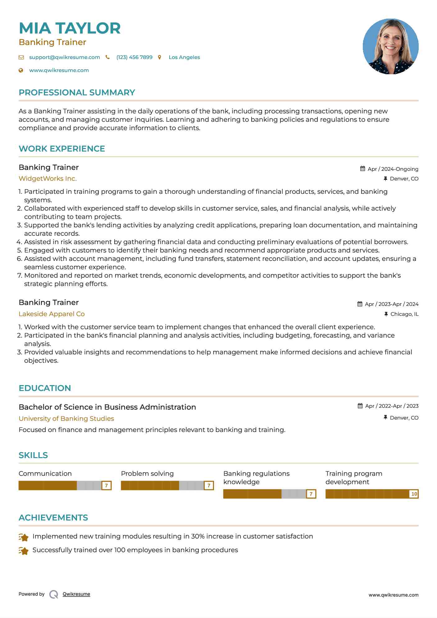 Banking Trainer Resume Model