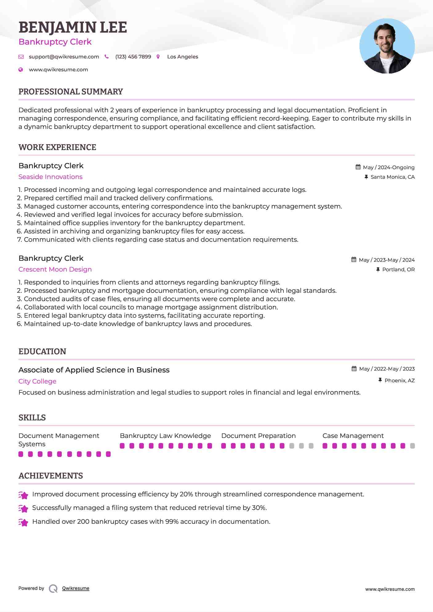 Bankruptcy Clerk Resume Sample