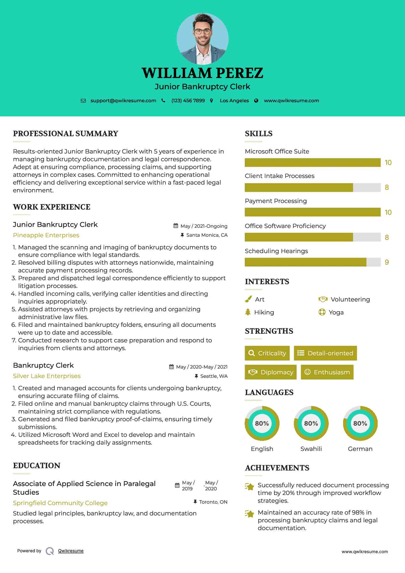 Junior Bankruptcy Clerk Resume Format