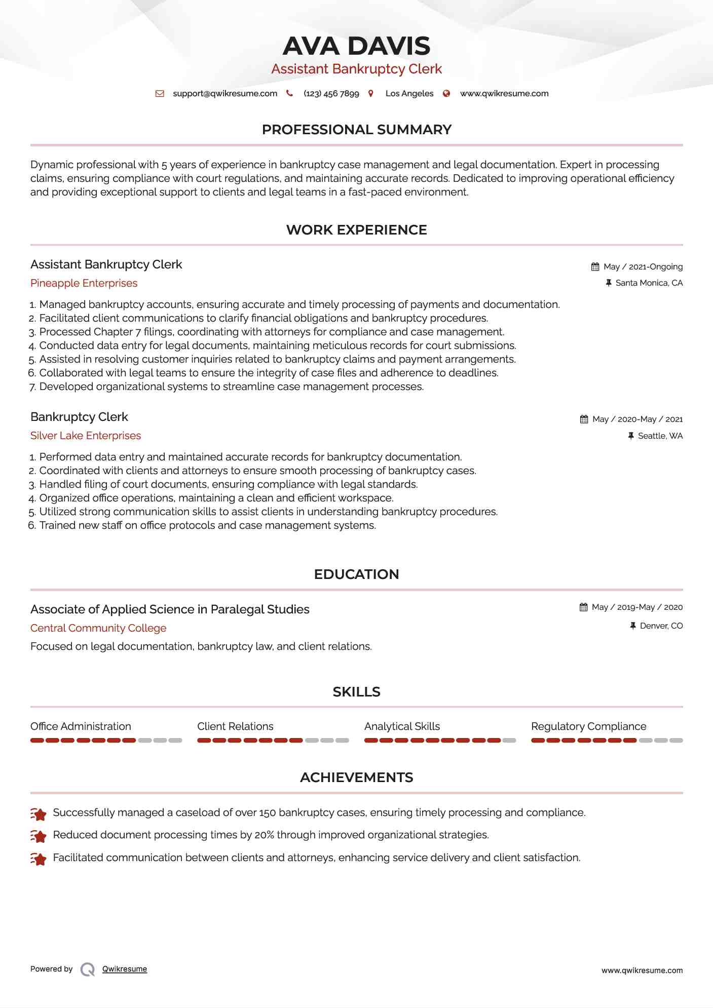 Assistant Bankruptcy Clerk Resume Format