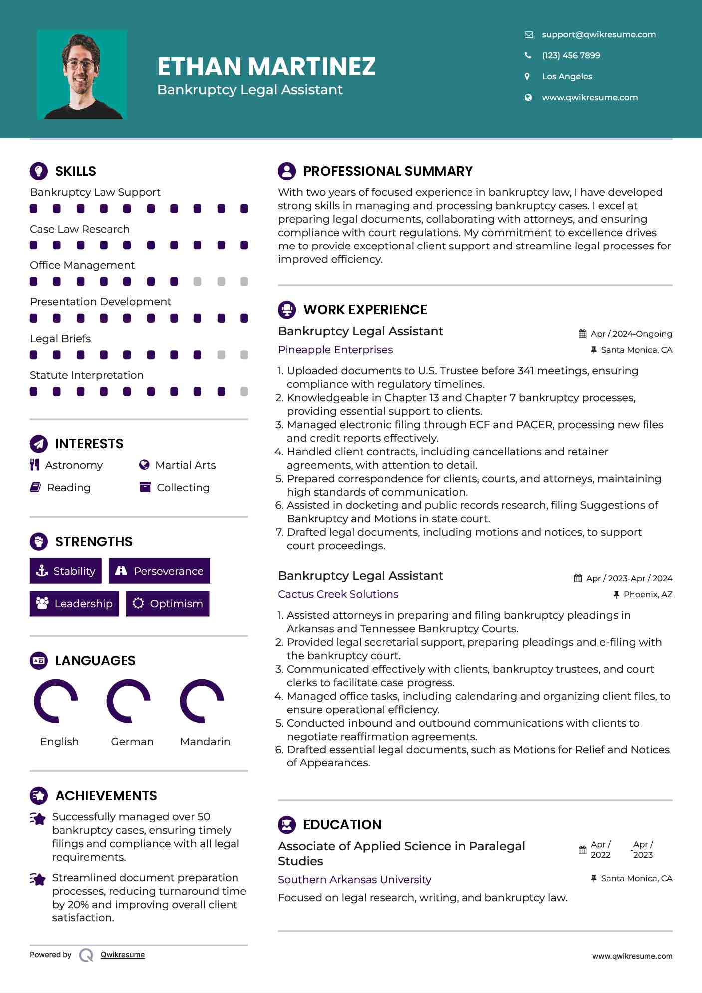 Bankruptcy Legal Assistant Resume Sample