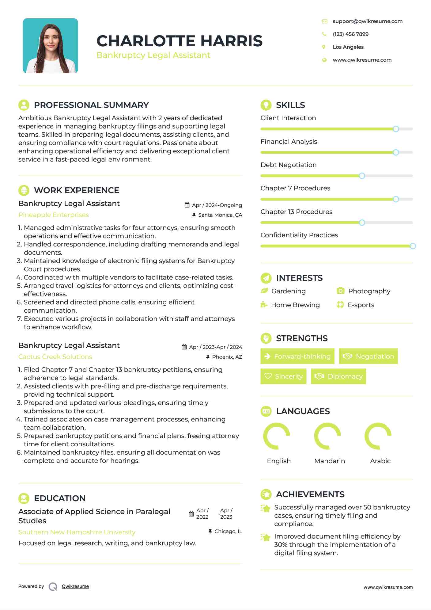 Bankruptcy Legal Assistant Resume Template