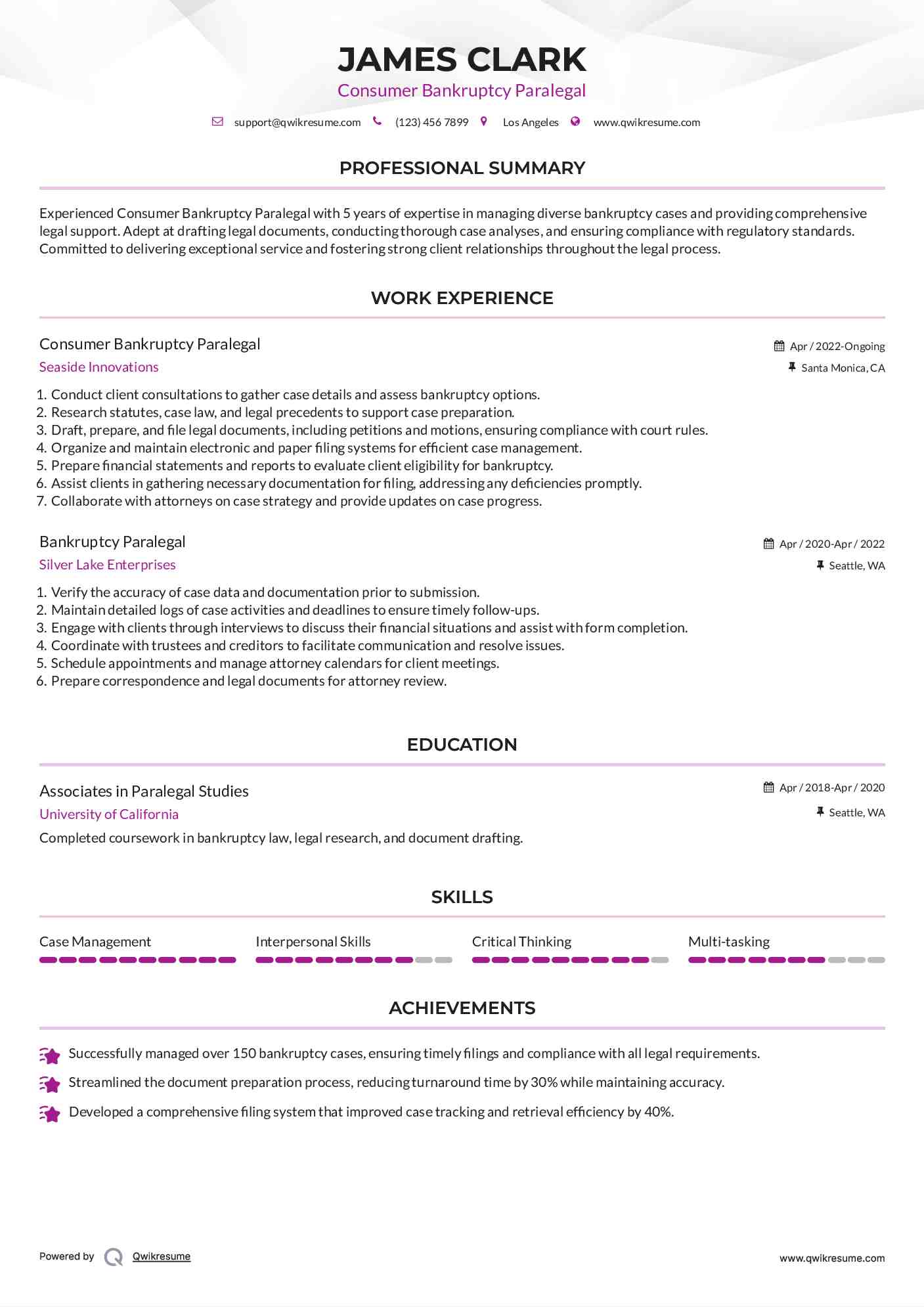 Consumer Bankruptcy Paralegal
 Resume Example