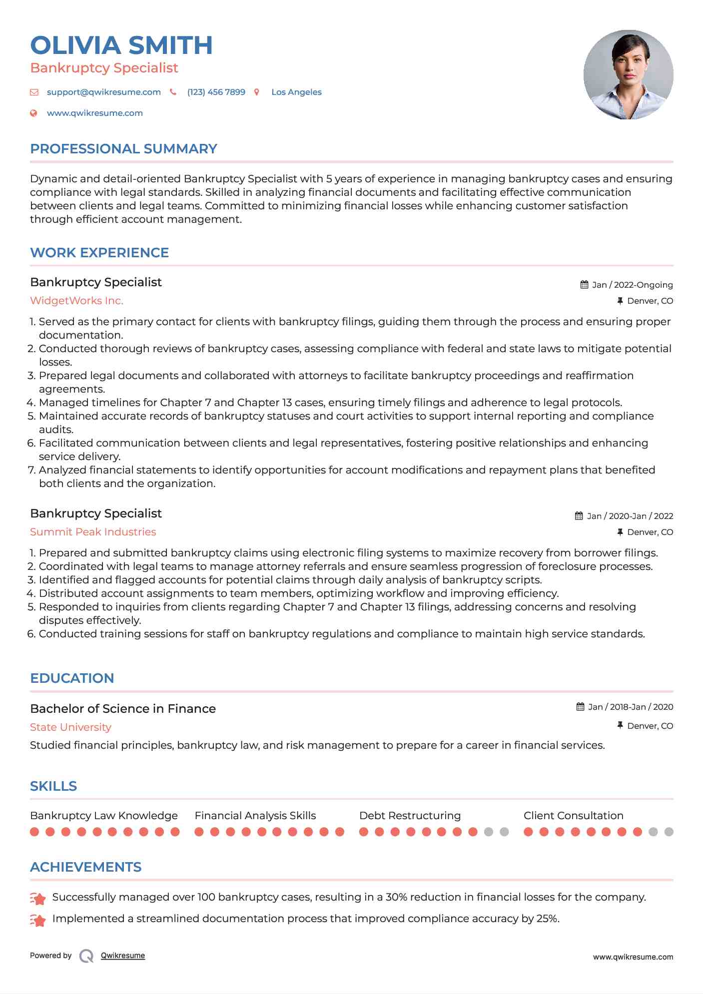 Bankruptcy Specialist Resume Example