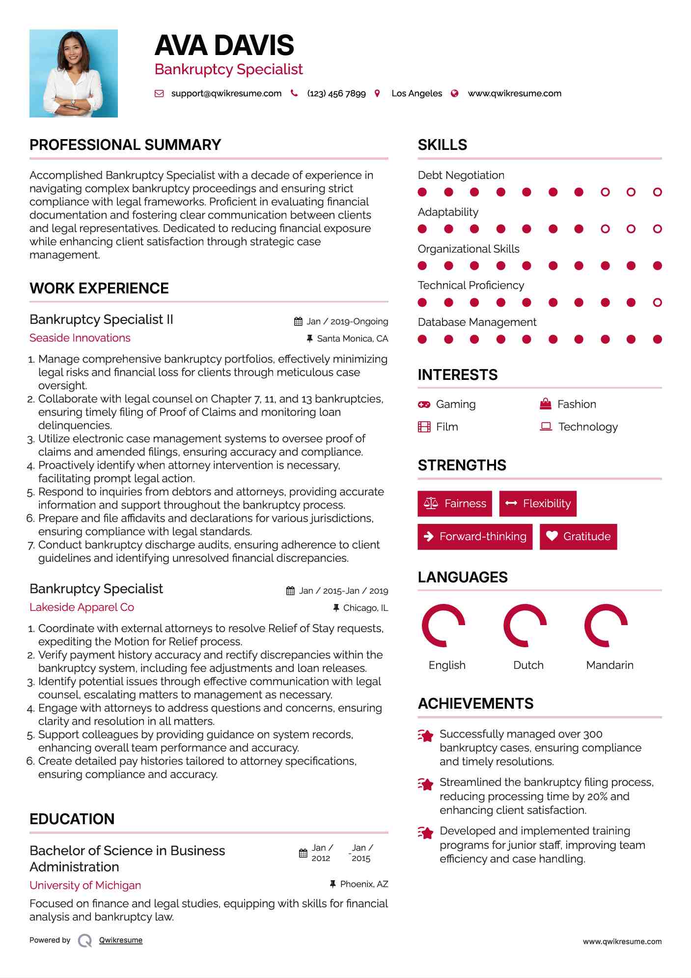 Bankruptcy Specialist II Resume Format