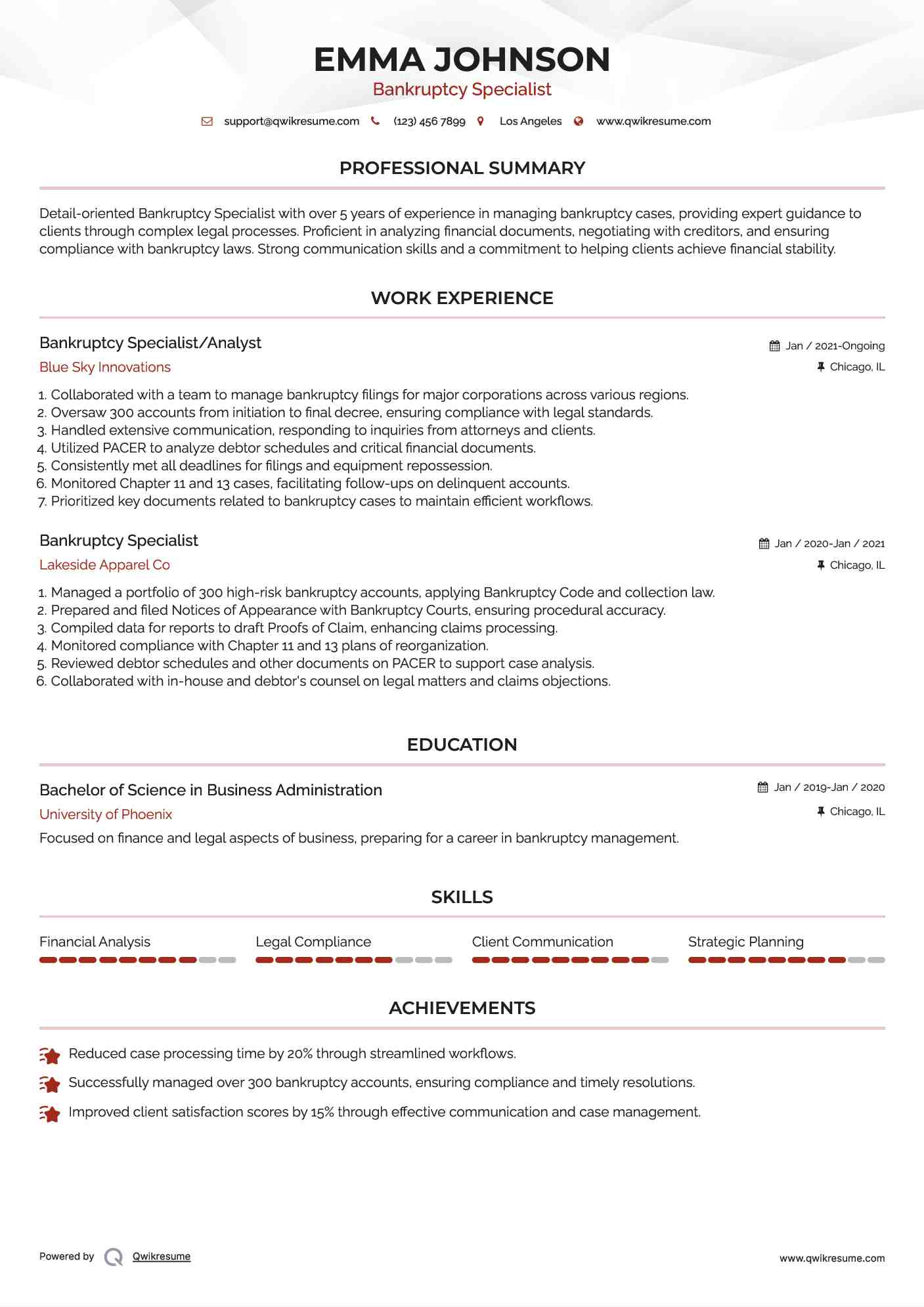 Bankruptcy Specialist/Analyst Resume Template