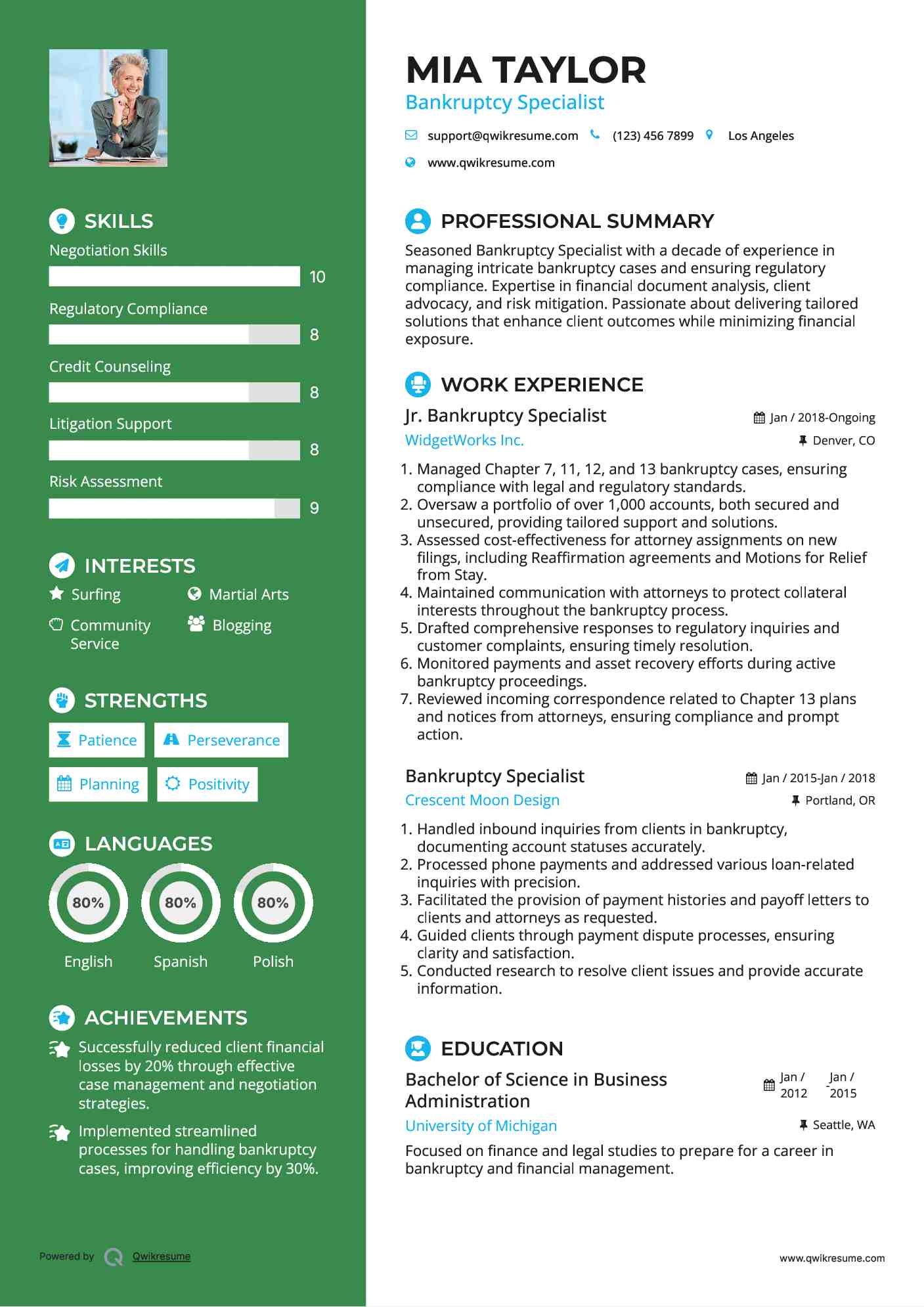 Jr. Bankruptcy Specialist Resume Example