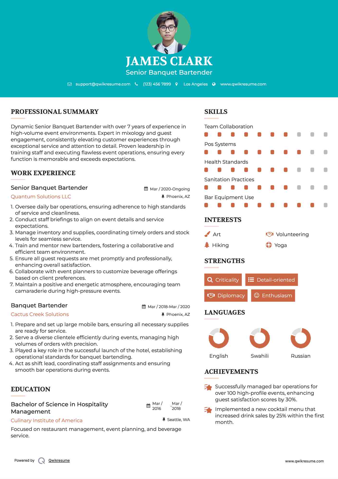 Senior Banquet Bartender Resume Format