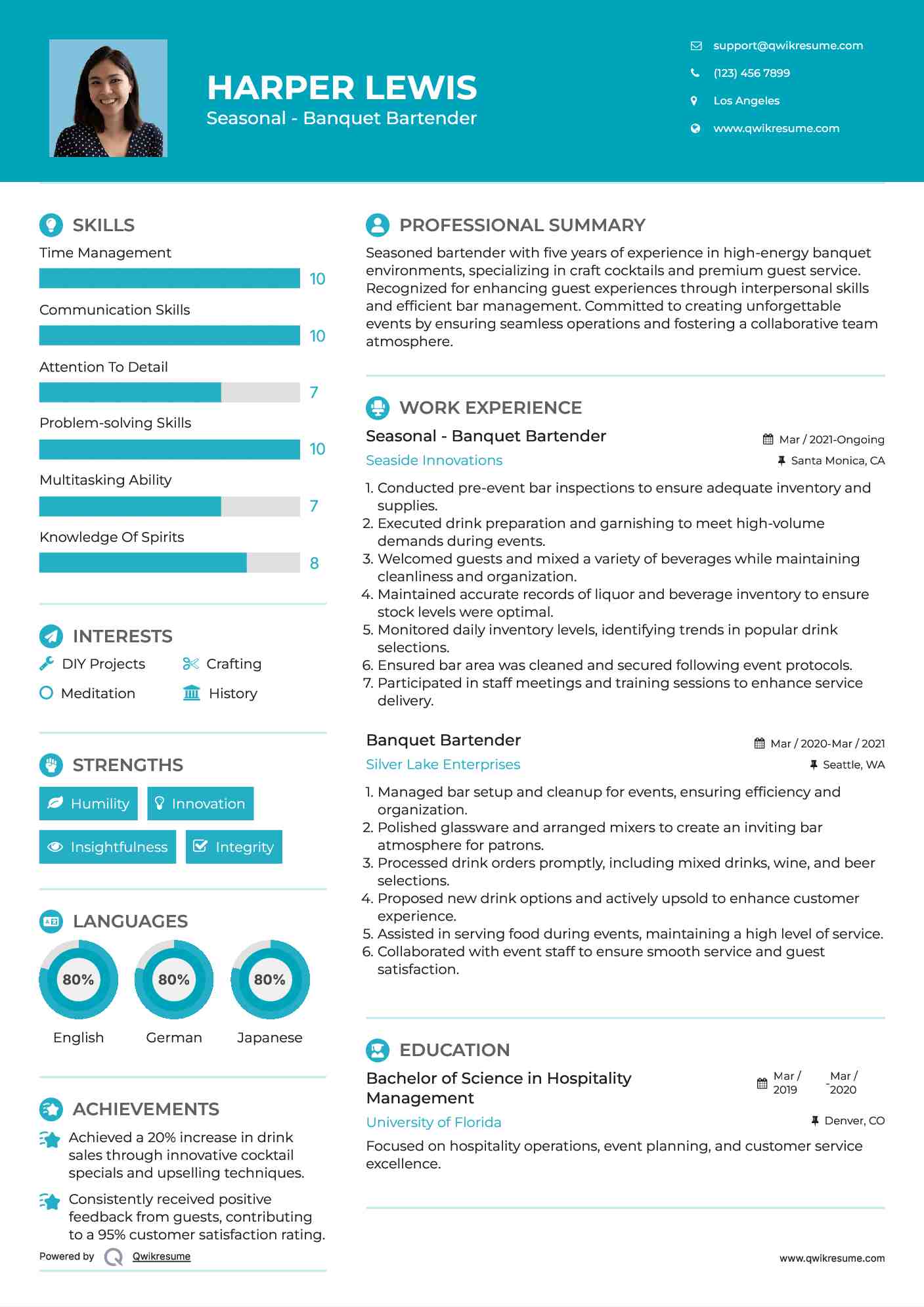Seasonal - Banquet Bartender
 Resume Sample