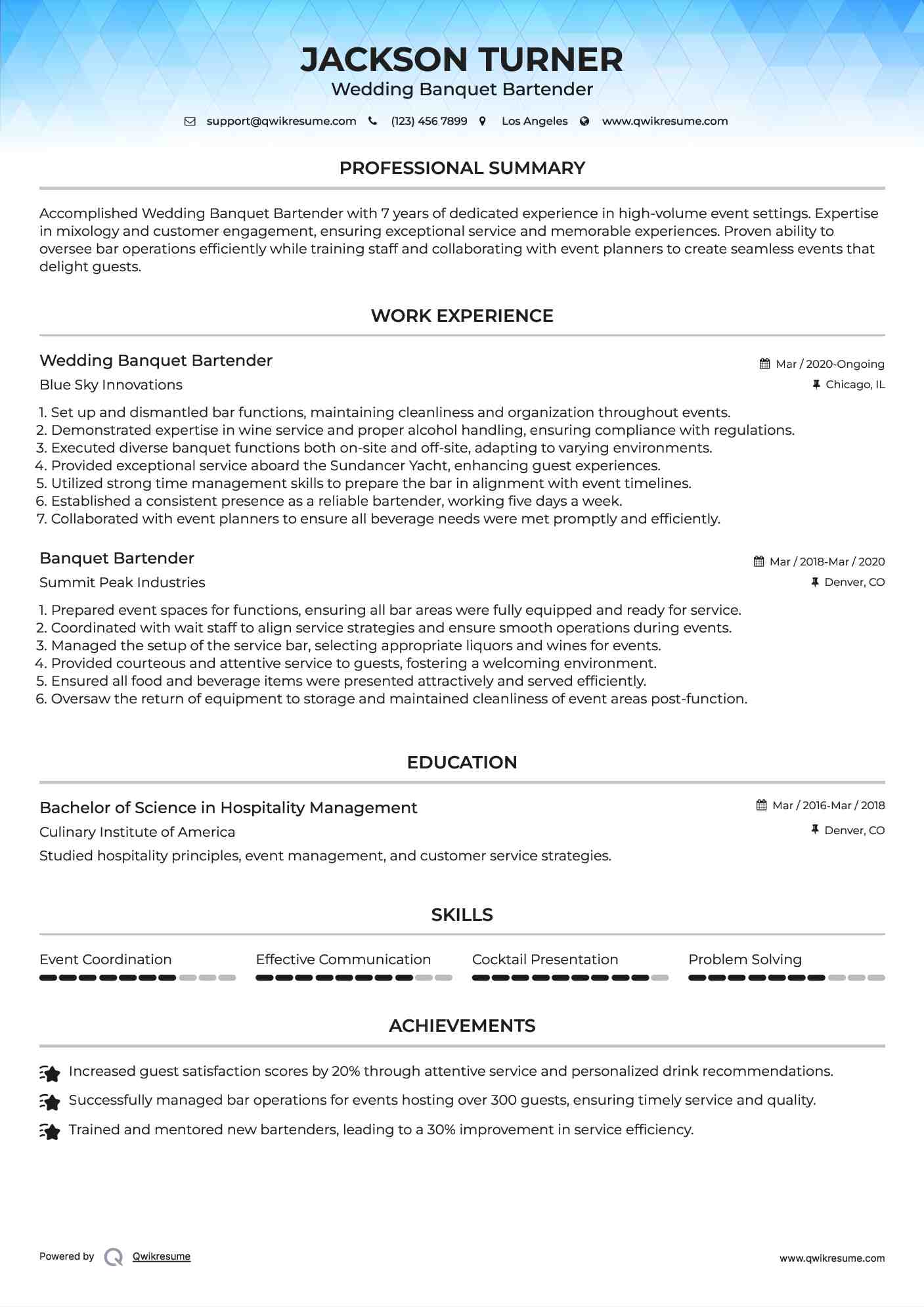 Wedding Banquet Bartender
 Resume Format